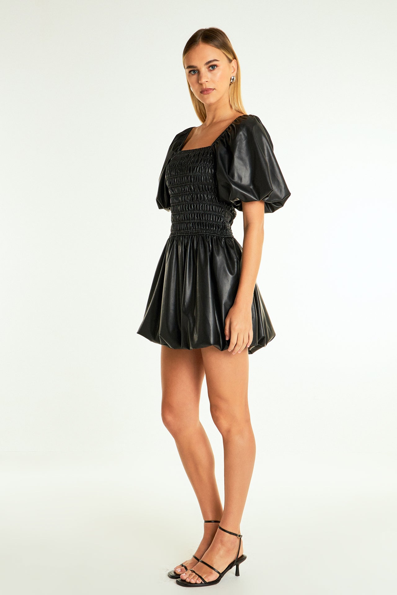 ENDLESS ROSE - Pu Smocked Balloon Detail Mini Dress - DRESSES available at Objectrare