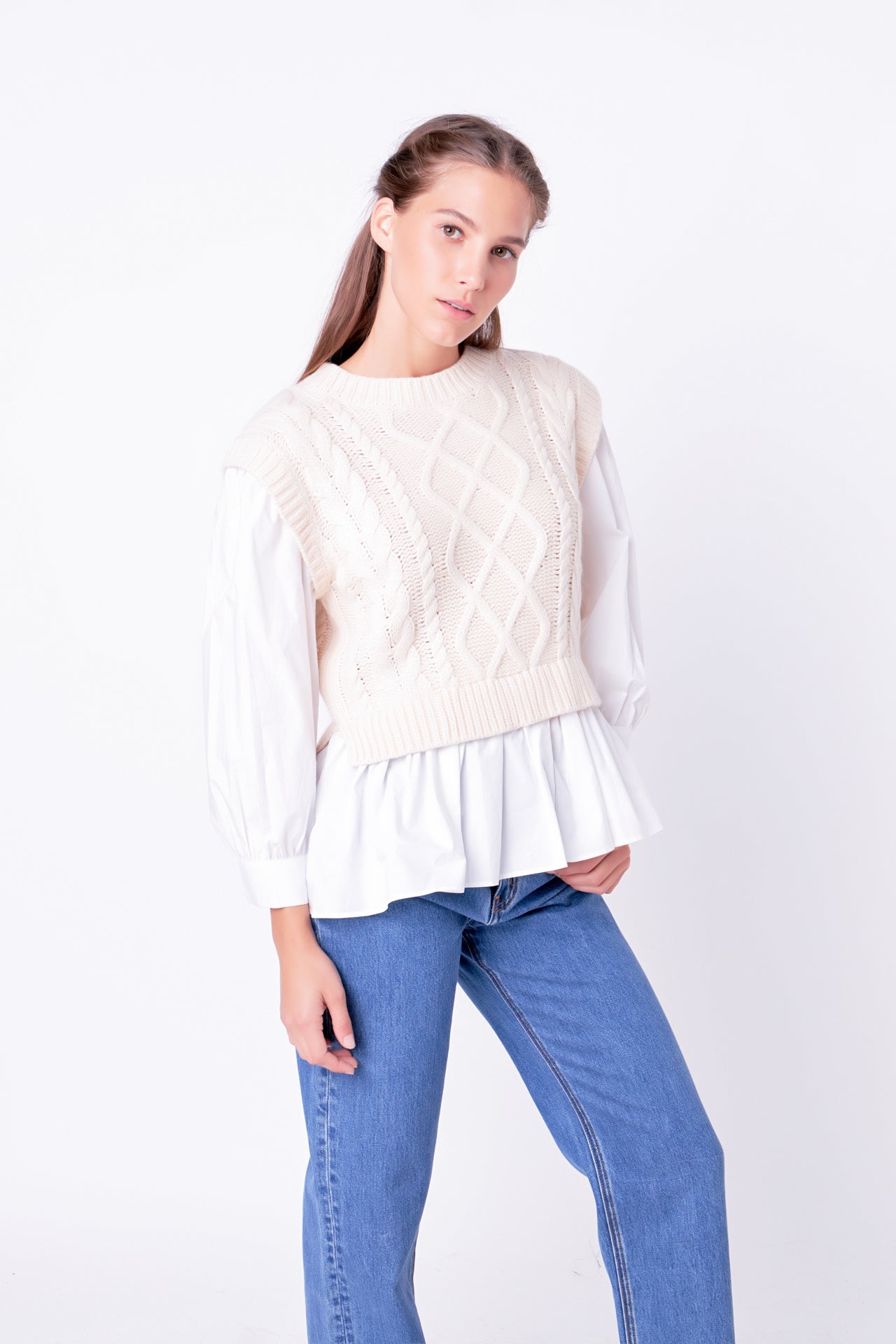 ENGLISH FACTORY - Mixed Media Cable Detail Sweater - SWEATERS & KNITS available at Objectrare