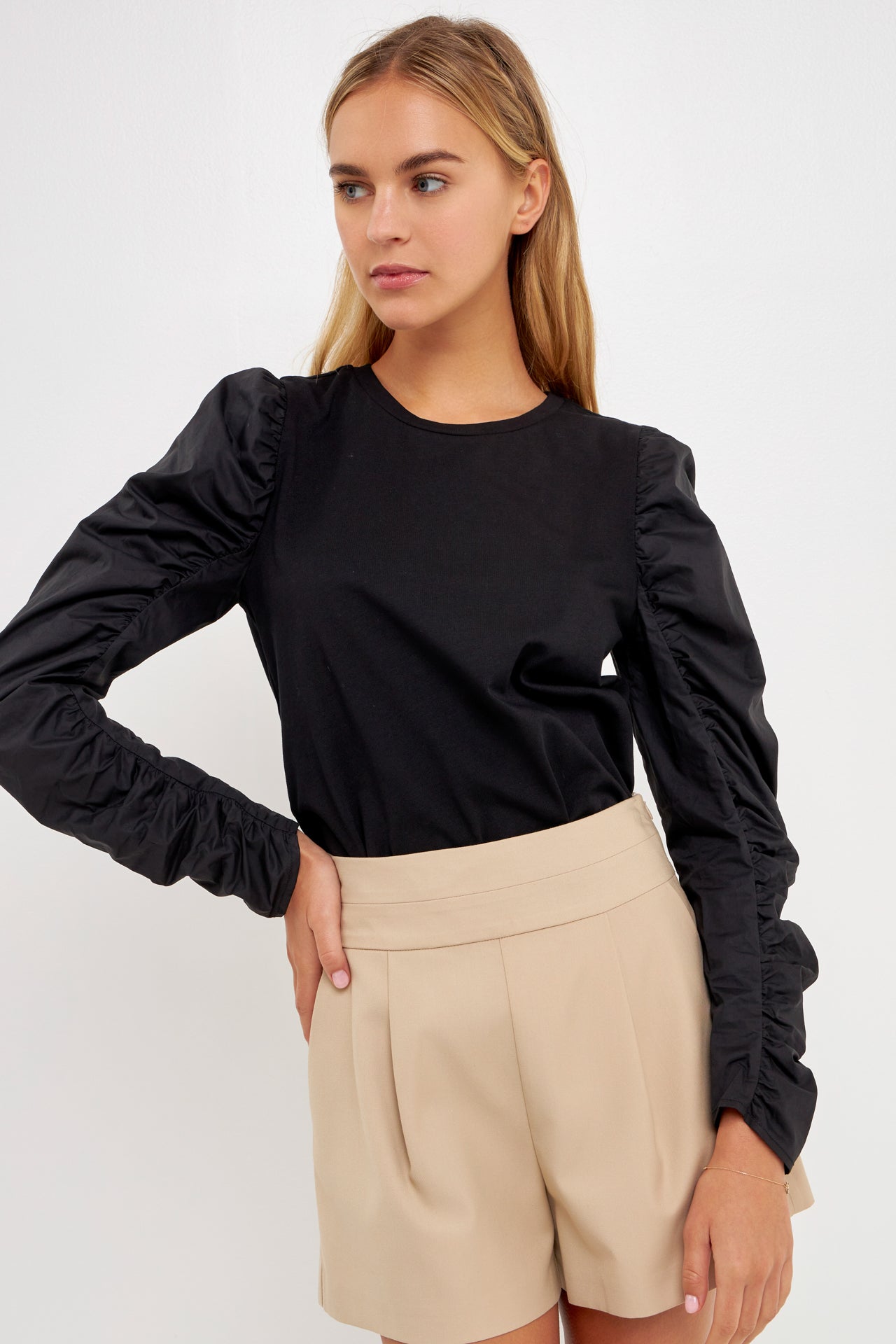 ENGLISH FACTORY - Mixed Media Shirring Sleeve Top - TOPS available at Objectrare