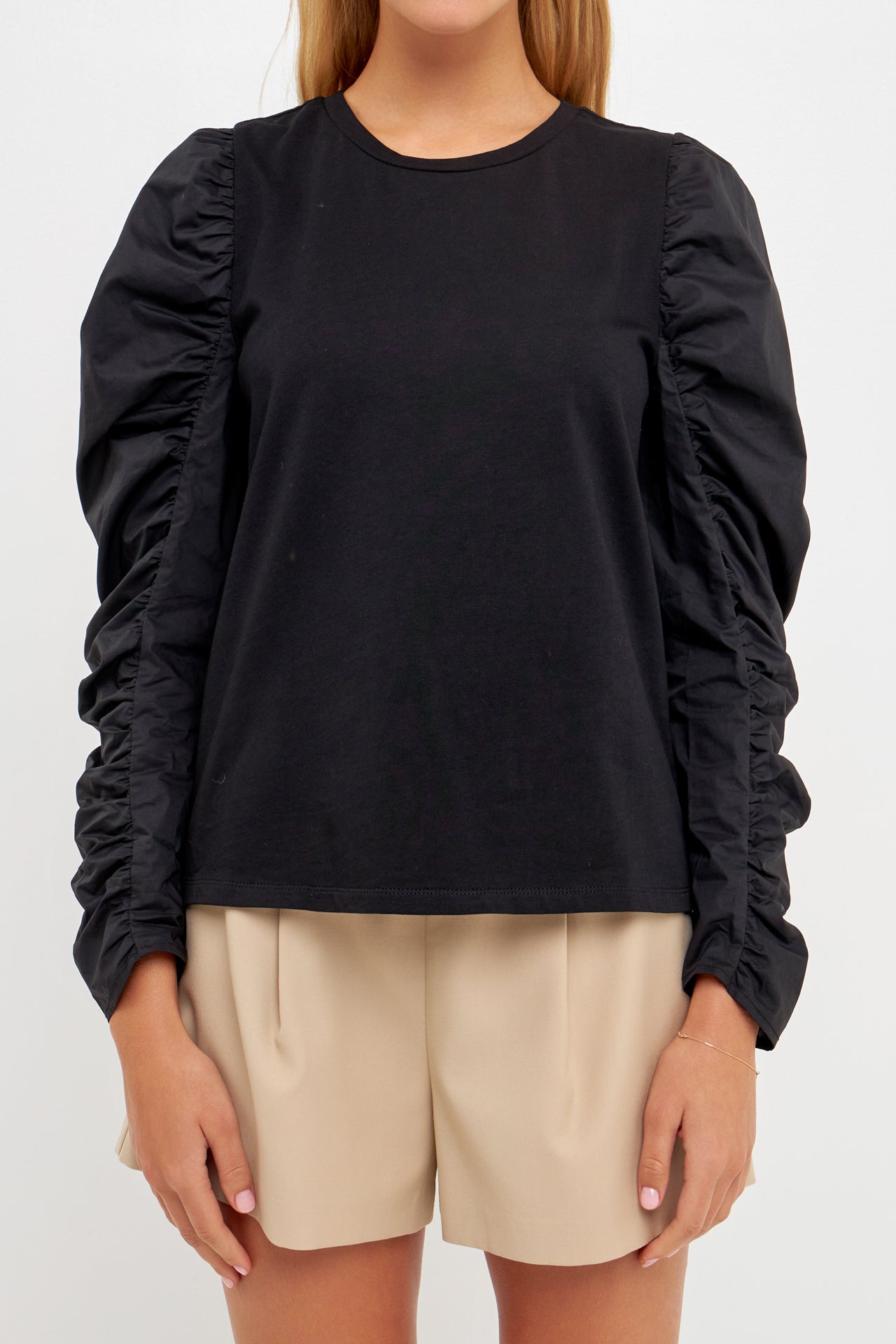 ENGLISH FACTORY - Mixed Media Shirring Sleeve Top - TOPS available at Objectrare