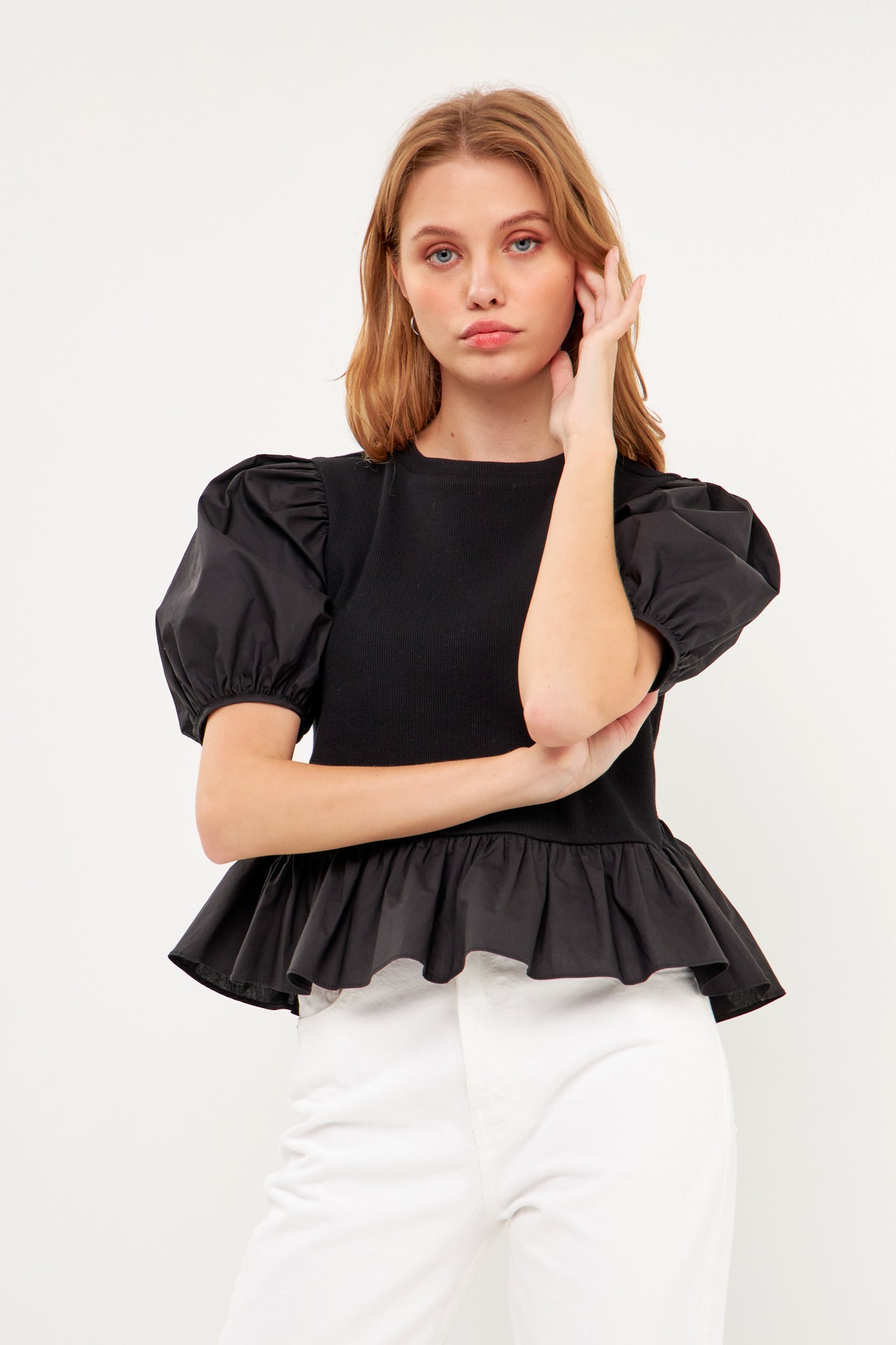 ENGLISH FACTORY - Puff Sleeve Peplum Top - TOPS available at Objectrare