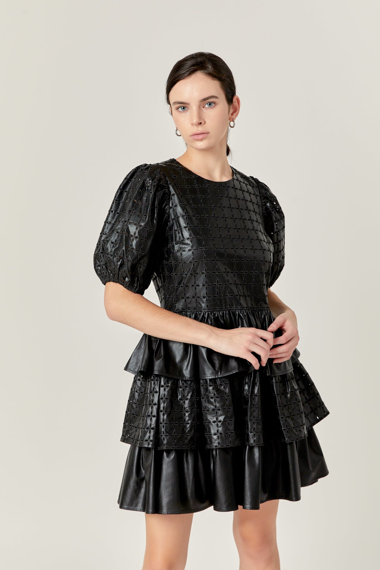 ENGLISH FACTORY - Faux Leather Embroidered Mini Dress - DRESSES available at Objectrare