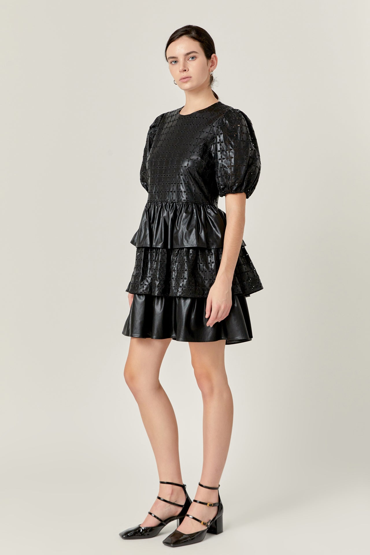 ENGLISH FACTORY - Faux Leather Embroidered Mini Dress - DRESSES available at Objectrare