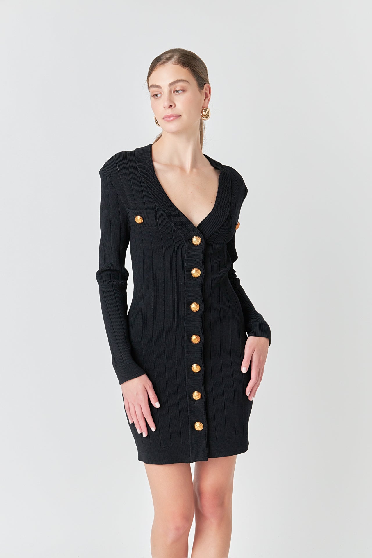 ENDLESS ROSE - Shank Button V-Neckline Knit Mini Dress - DRESSES available at Objectrare