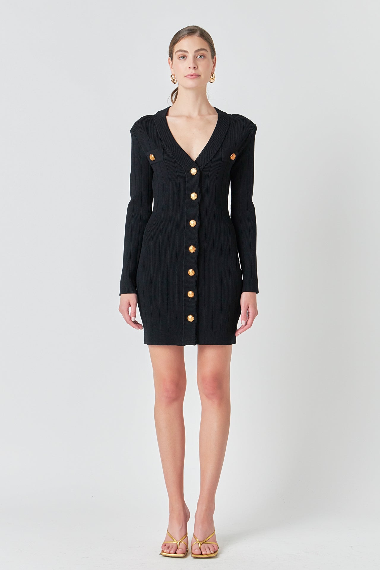 ENDLESS ROSE - Shank Button V-Neckline Knit Mini Dress - DRESSES available at Objectrare