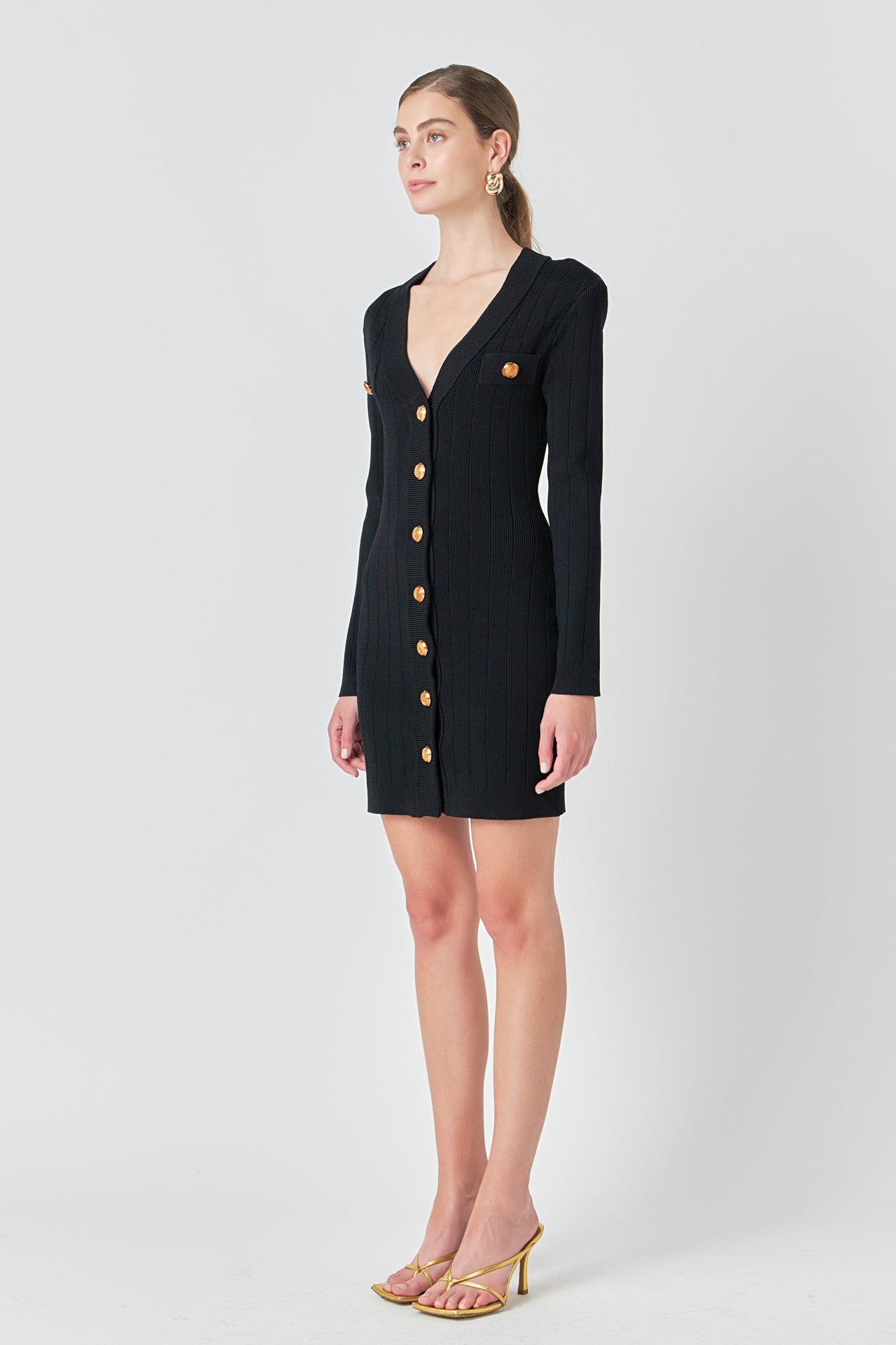 ENDLESS ROSE - Shank Button V-Neckline Knit Mini Dress - DRESSES available at Objectrare