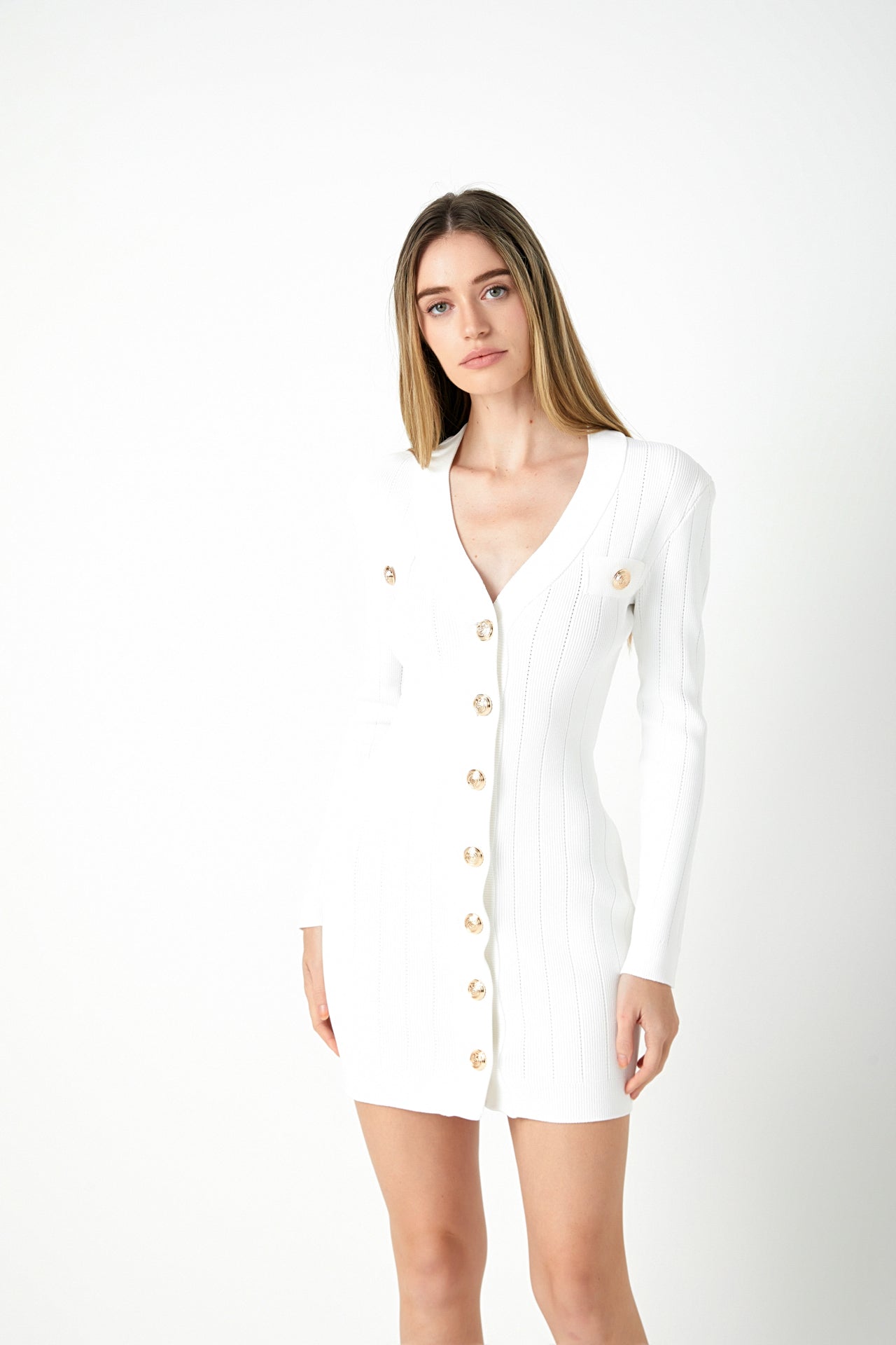 ENDLESS ROSE - Shank Button V-Neckline Knit Mini Dress - DRESSES available at Objectrare