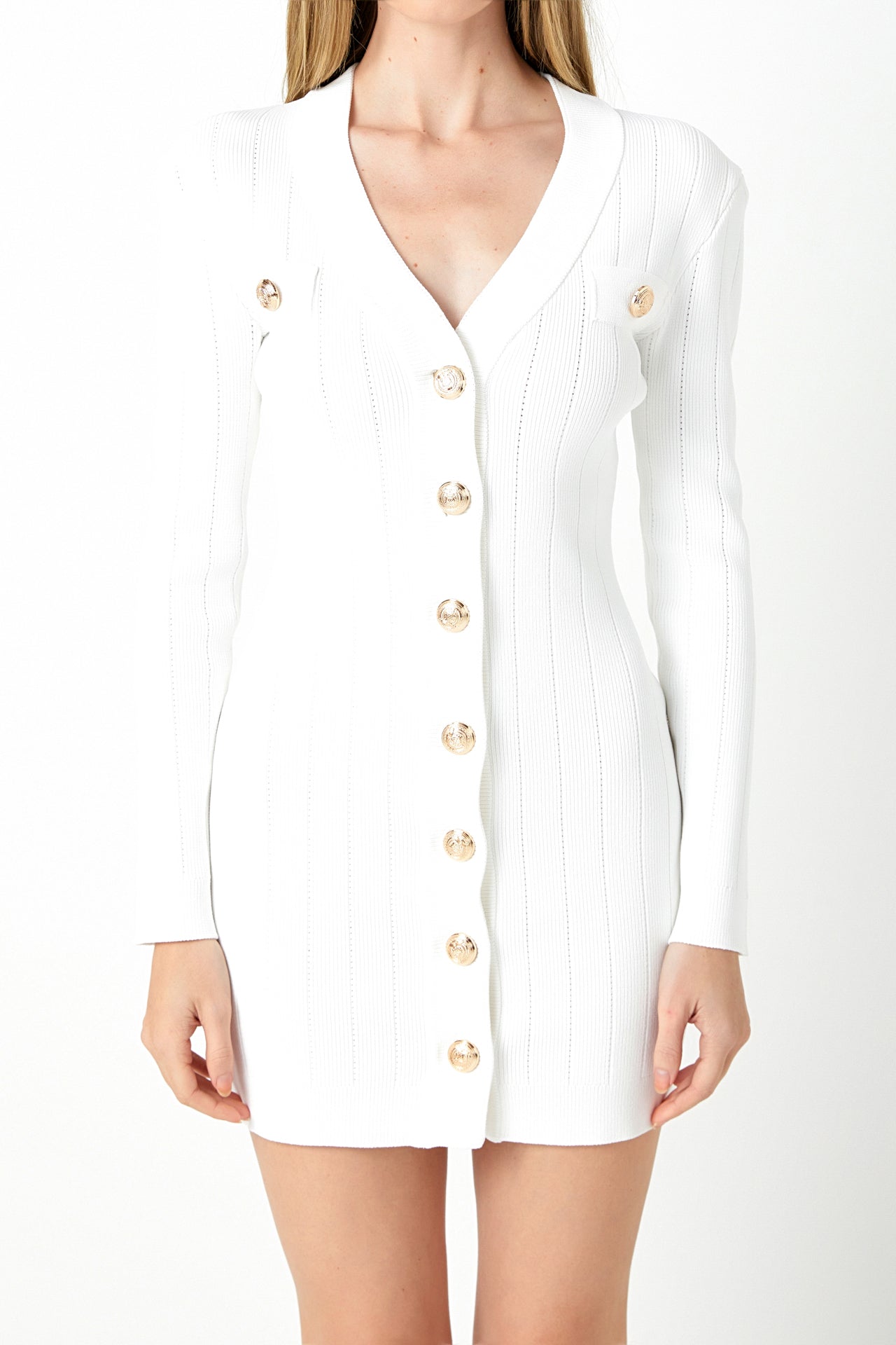 ENDLESS ROSE - Shank Button V-Neckline Knit Mini Dress - DRESSES available at Objectrare
