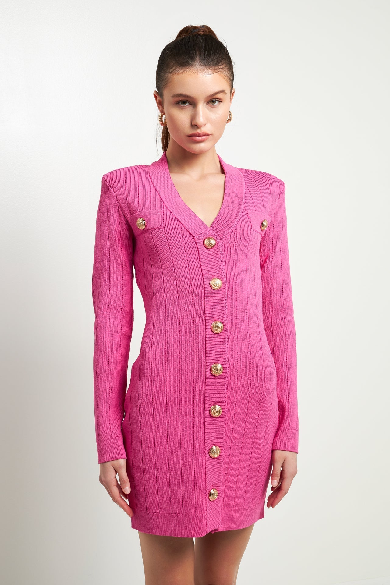 ENDLESS ROSE - Shank Button V-Neckline Knit Mini Dress - DRESSES available at Objectrare