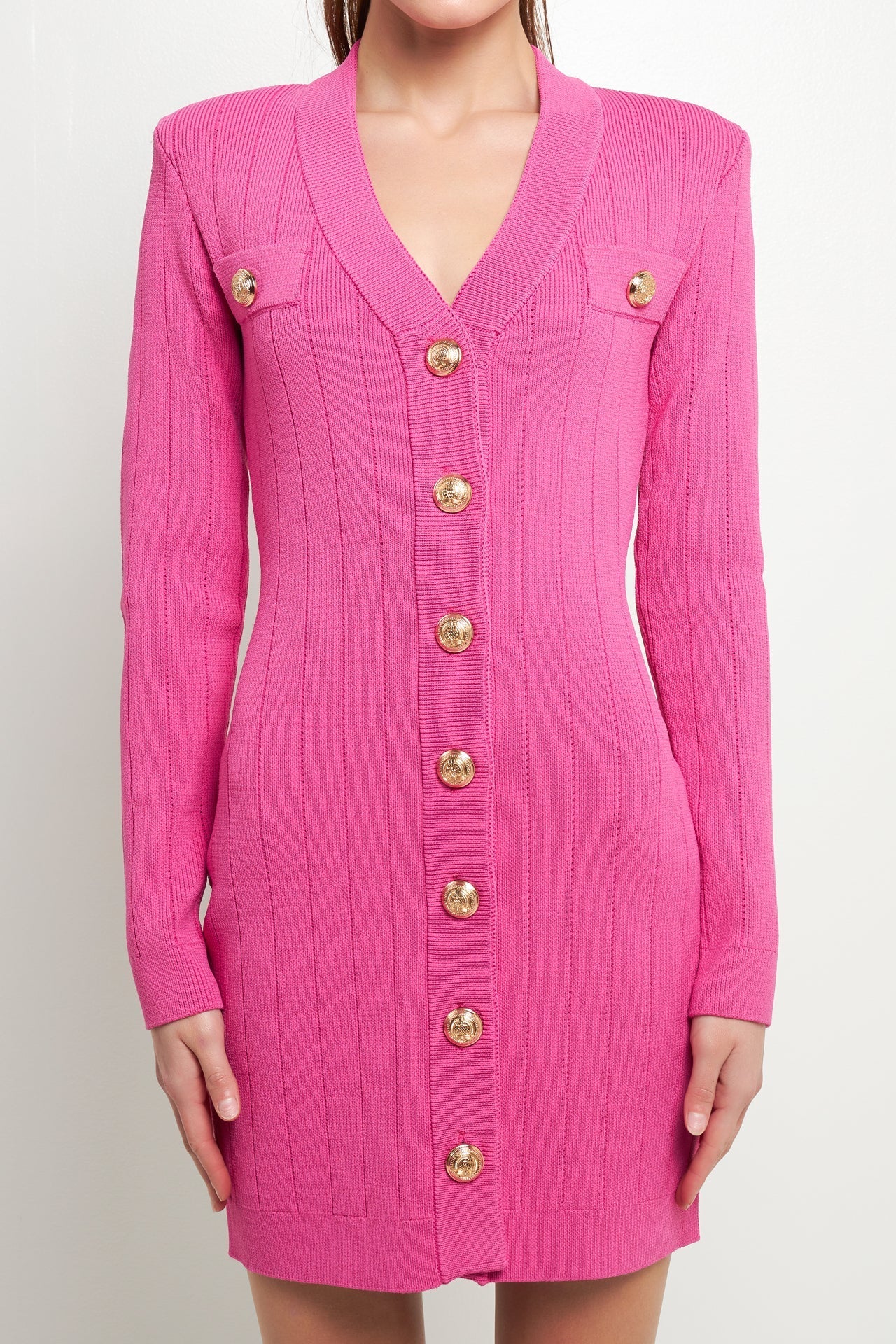 ENDLESS ROSE - Shank Button V-Neckline Knit Mini Dress - DRESSES available at Objectrare