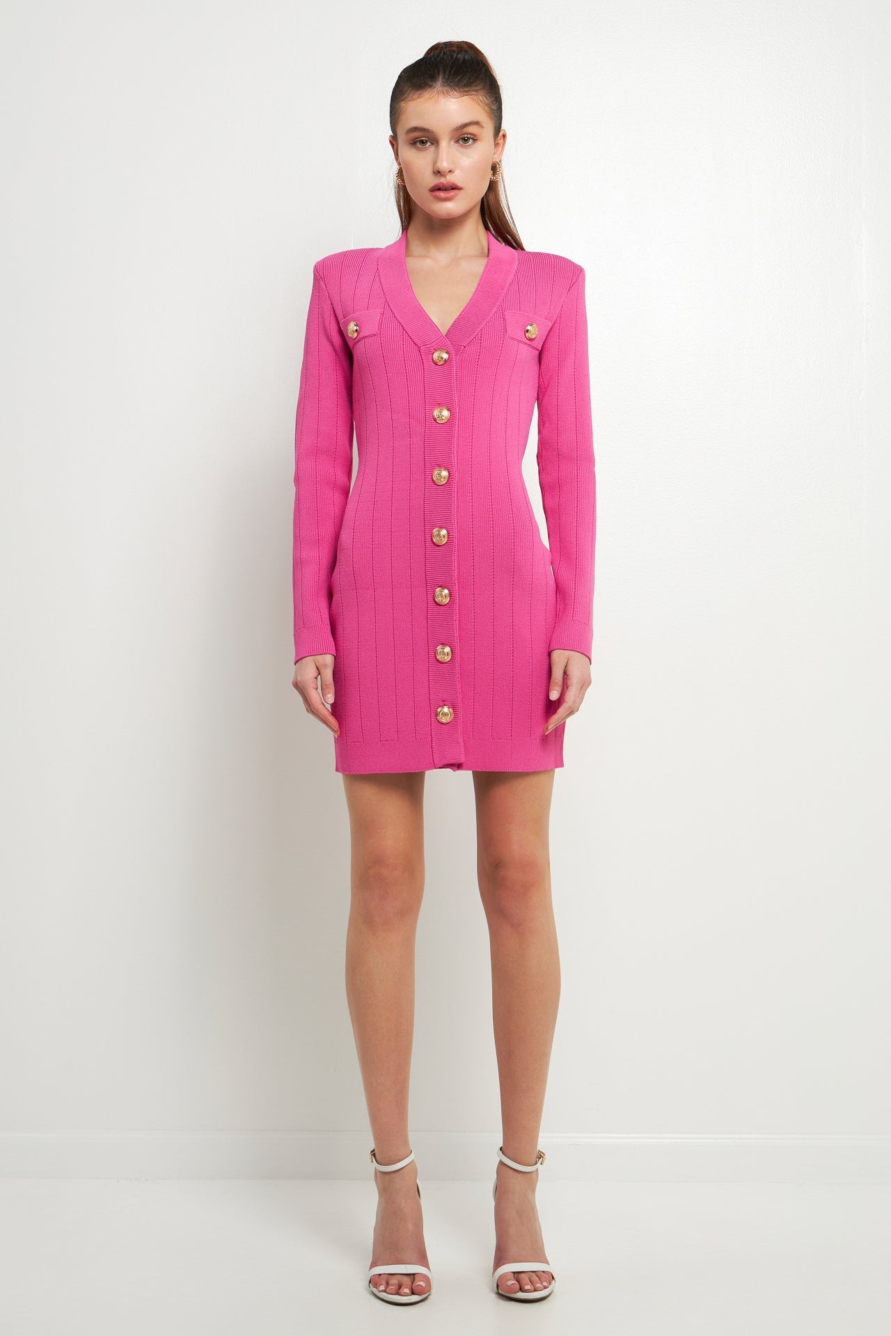 ENDLESS ROSE - Shank Button V-Neckline Knit Mini Dress - DRESSES available at Objectrare