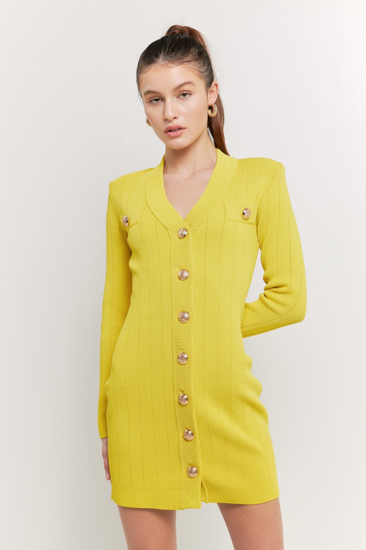 ENDLESS ROSE - Shank Button V-Neckline Knit Mini Dress - DRESSES available at Objectrare