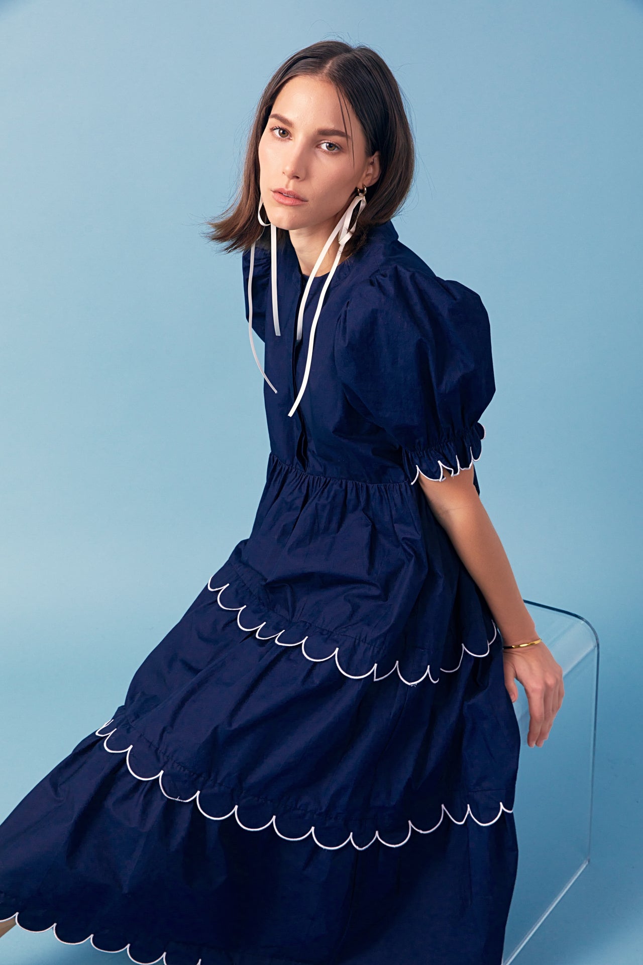 ENGLISH FACTORY - Navy Scalloped Edge Midi Dress - DRESSES available at Objectrare