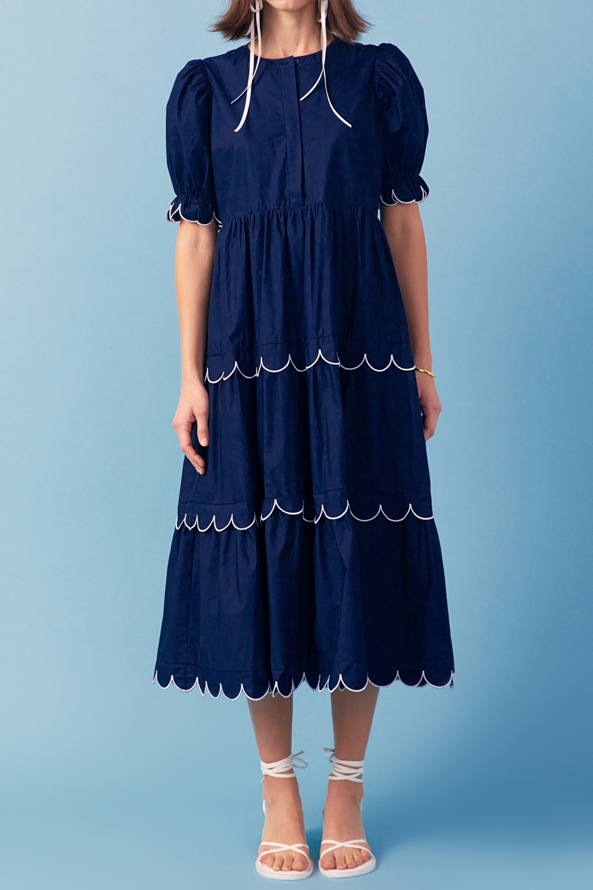 ENGLISH FACTORY - Navy Scalloped Edge Midi Dress - DRESSES available at Objectrare