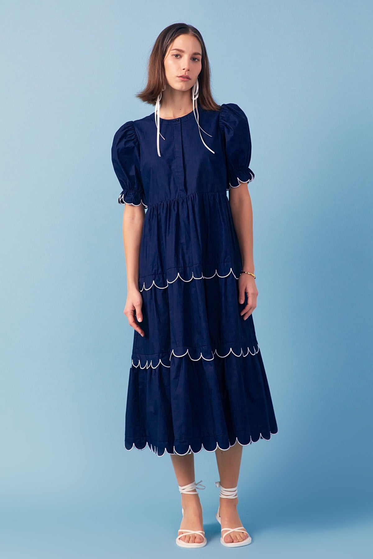 ENGLISH FACTORY - Navy Scalloped Edge Midi Dress - DRESSES available at Objectrare