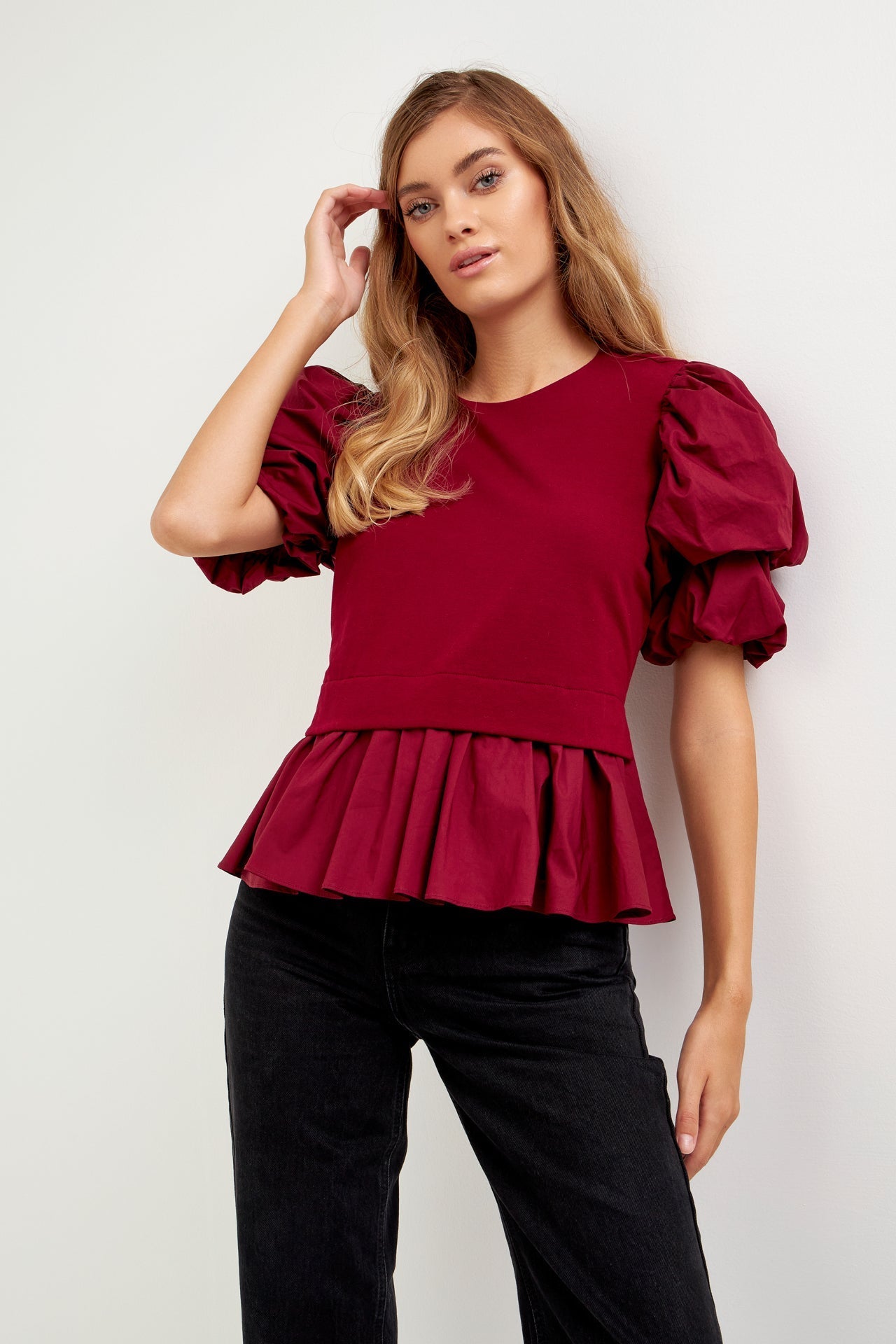 ENGLISH FACTORY - Puff Short Sleeve Mixed Media Top - TOPS available at Objectrare