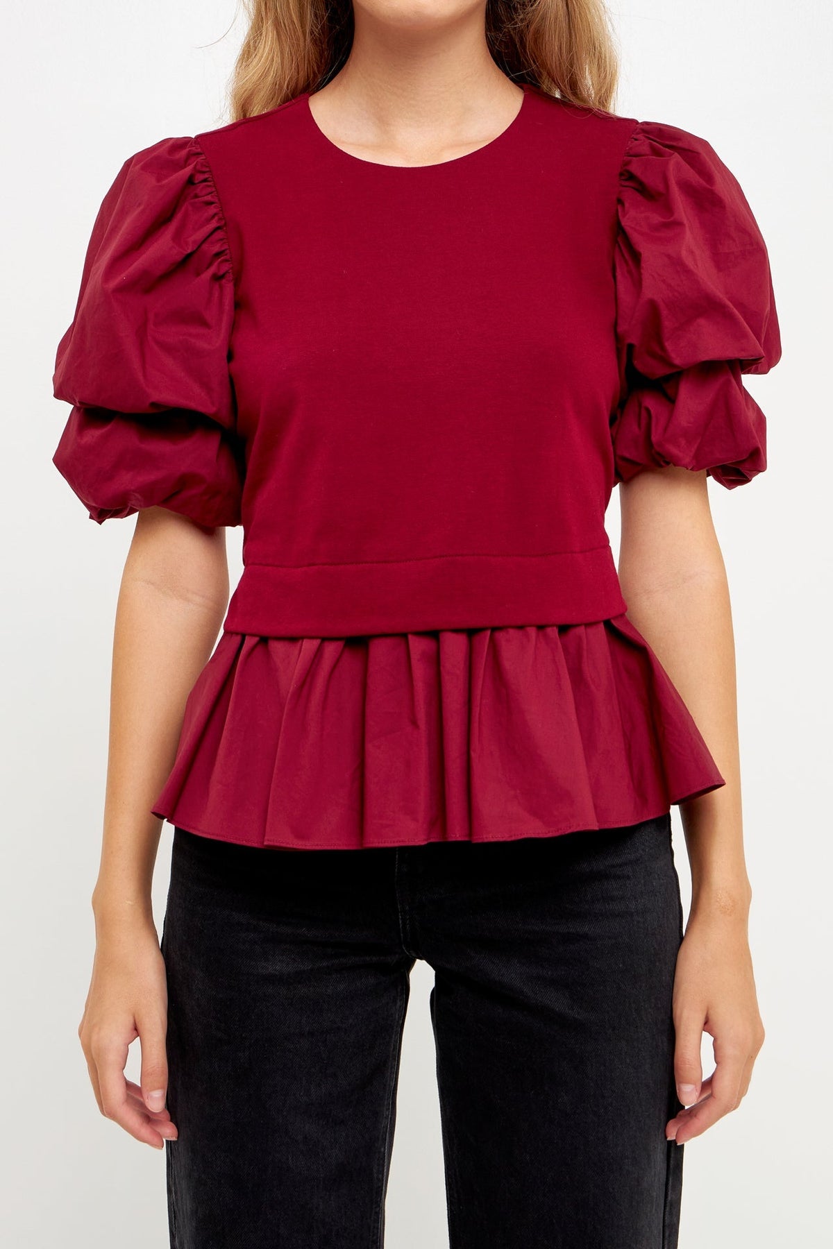 ENGLISH FACTORY - Puff Short Sleeve Mixed Media Top - TOPS available at Objectrare