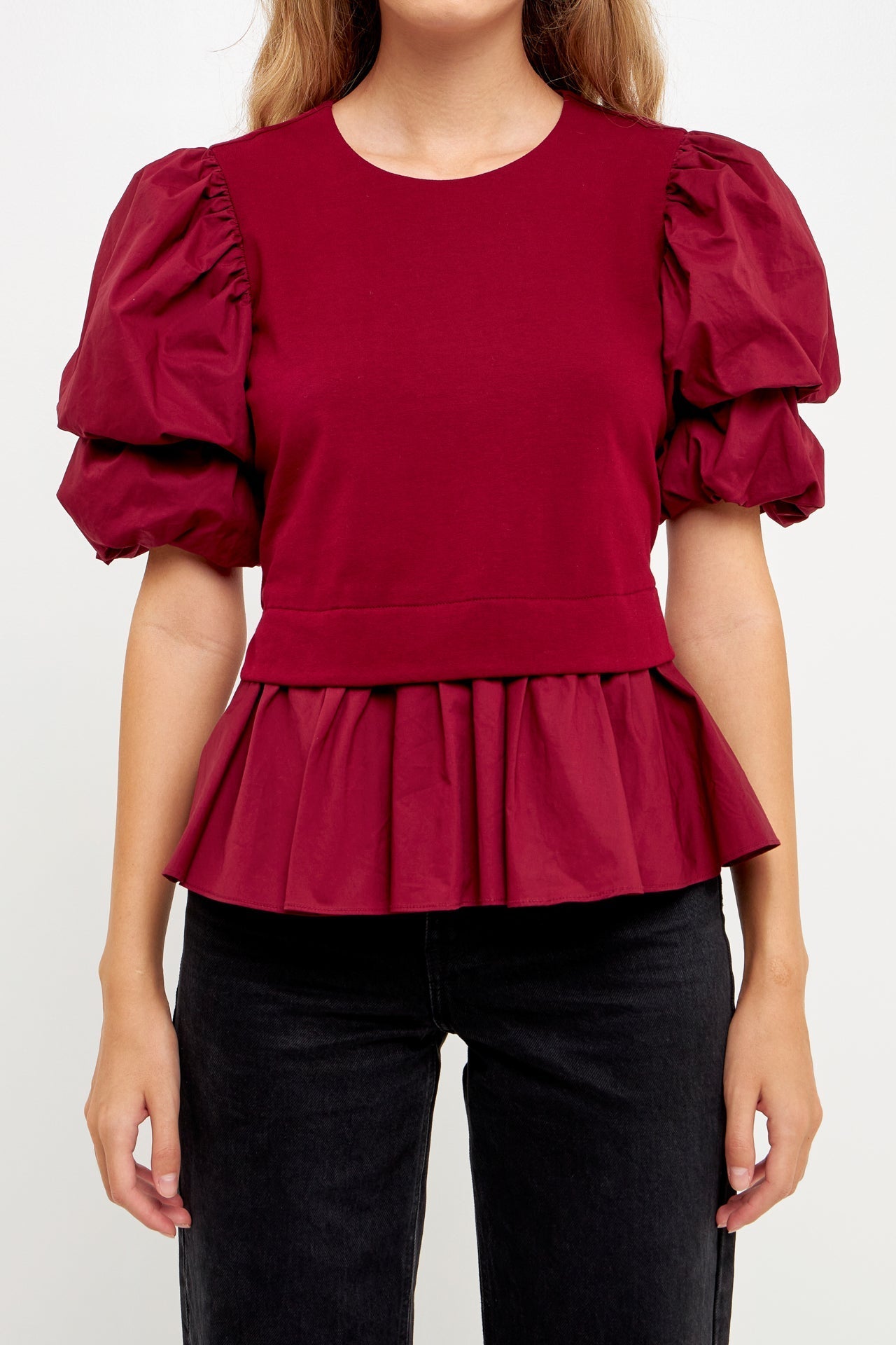 ENGLISH FACTORY - Puff Short Sleeve Mixed Media Top - TOPS available at Objectrare