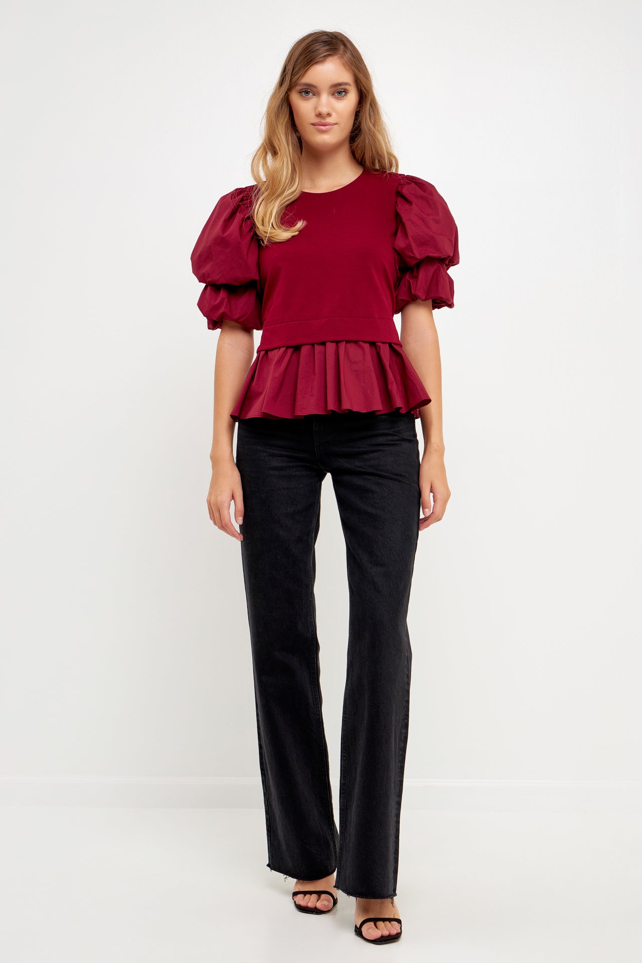 ENGLISH FACTORY - Puff Short Sleeve Mixed Media Top - TOPS available at Objectrare