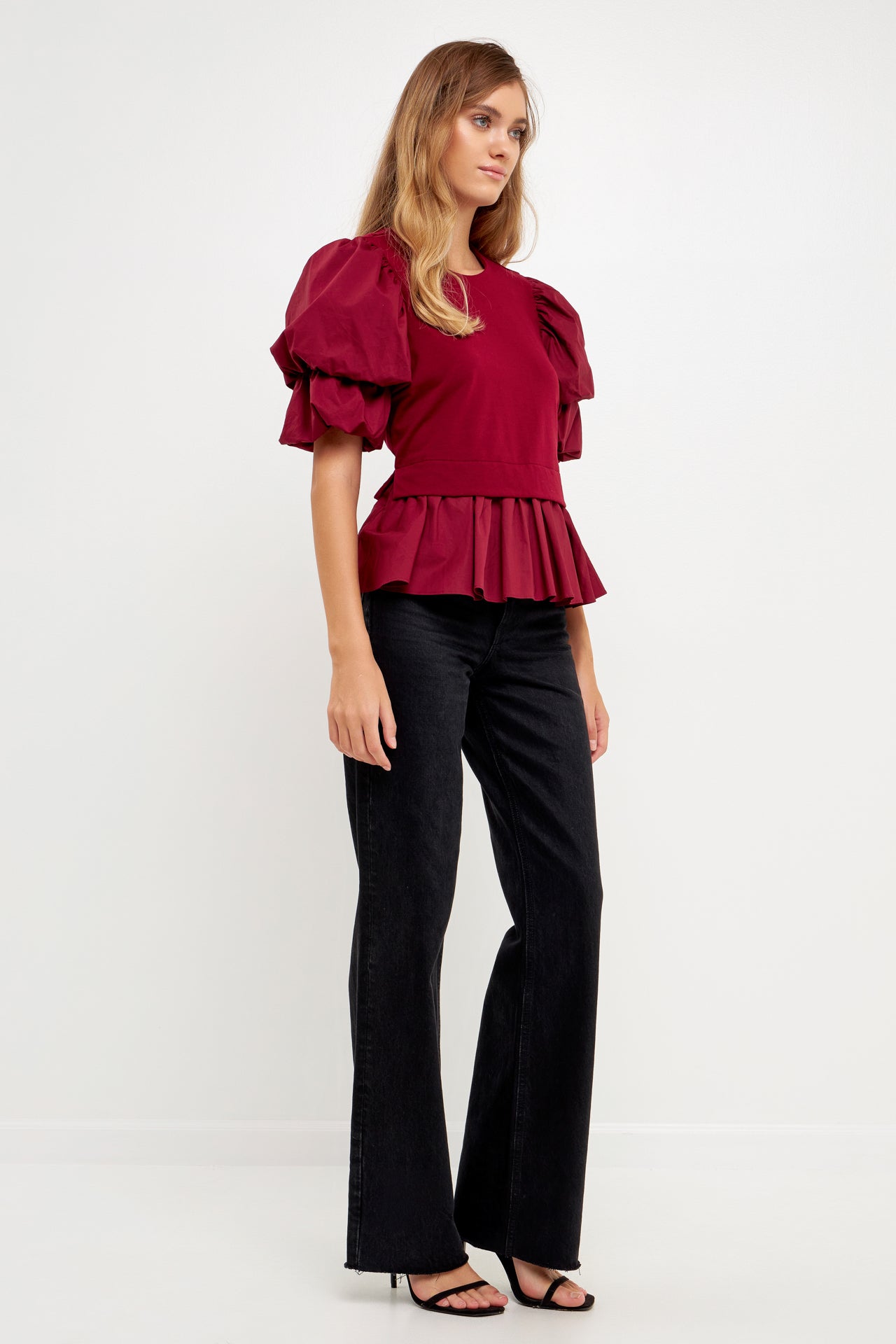ENGLISH FACTORY - Puff Short Sleeve Mixed Media Top - TOPS available at Objectrare
