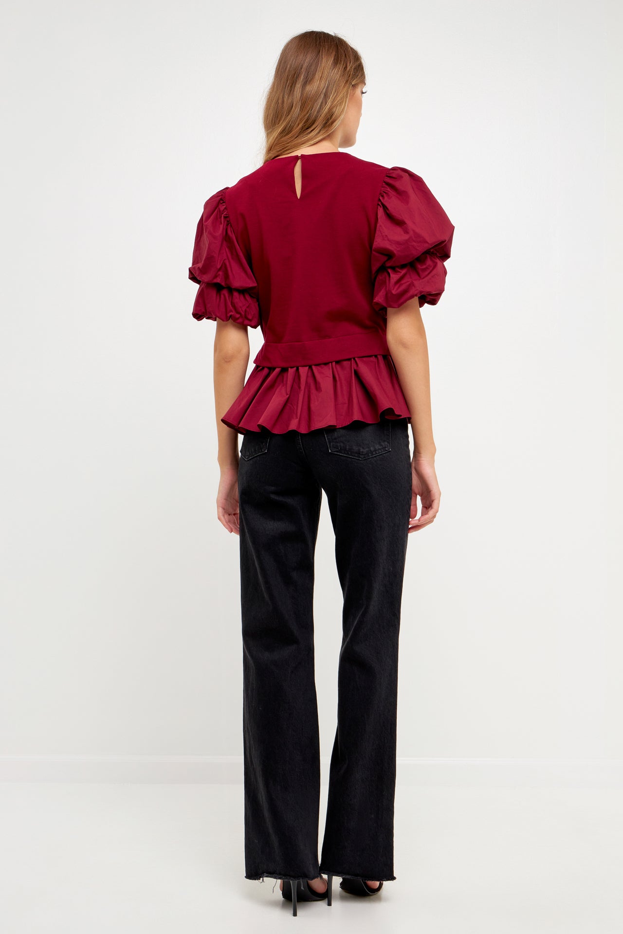 ENGLISH FACTORY - Puff Short Sleeve Mixed Media Top - TOPS available at Objectrare