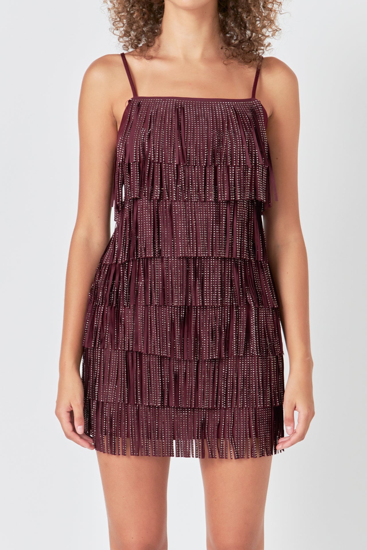 ENDLESS ROSE - Rhinestone Faux Suede Fringe Mini Dress - DRESSES available at Objectrare