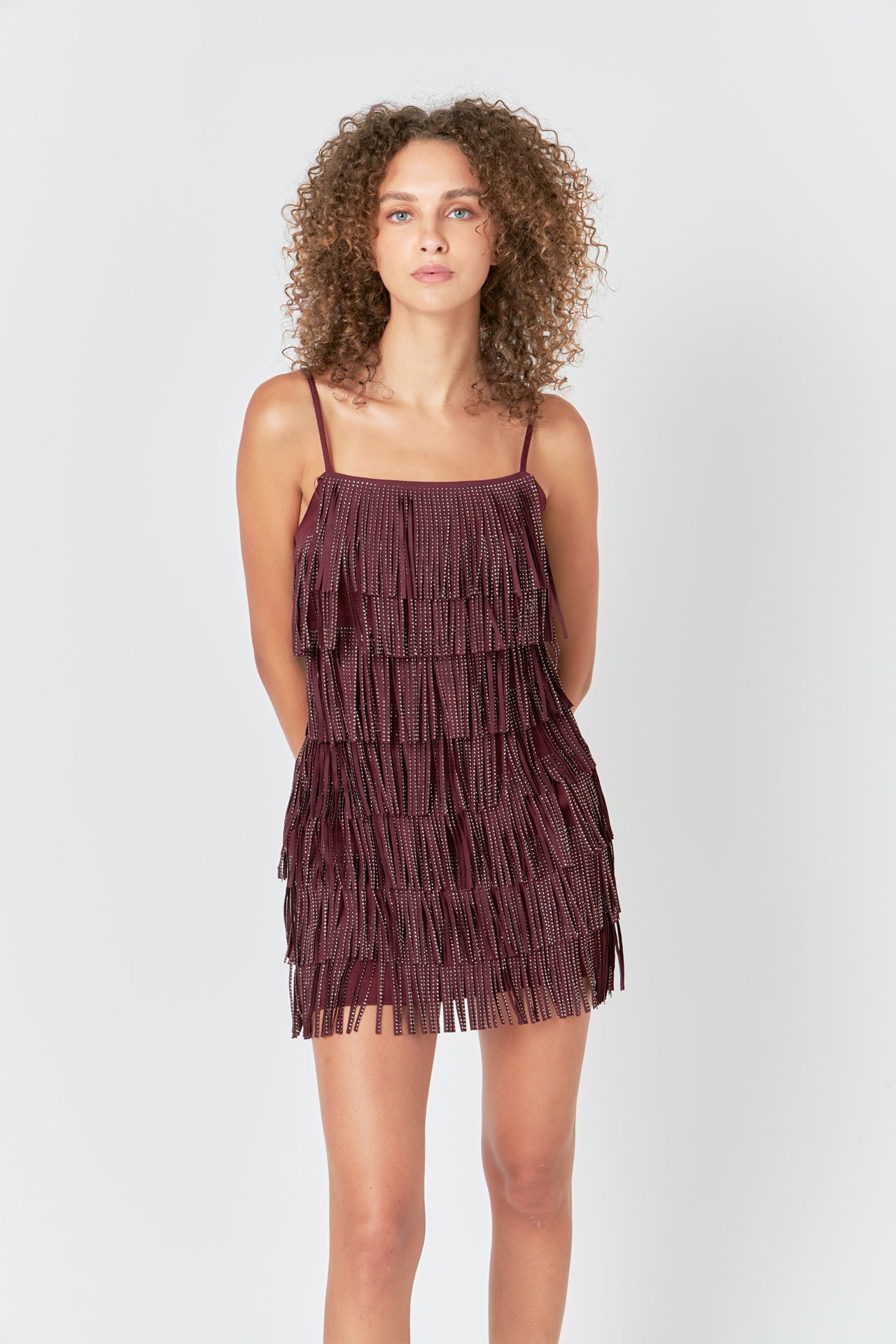 ENDLESS ROSE - Rhinestone Faux Suede Fringe Mini Dress - DRESSES available at Objectrare