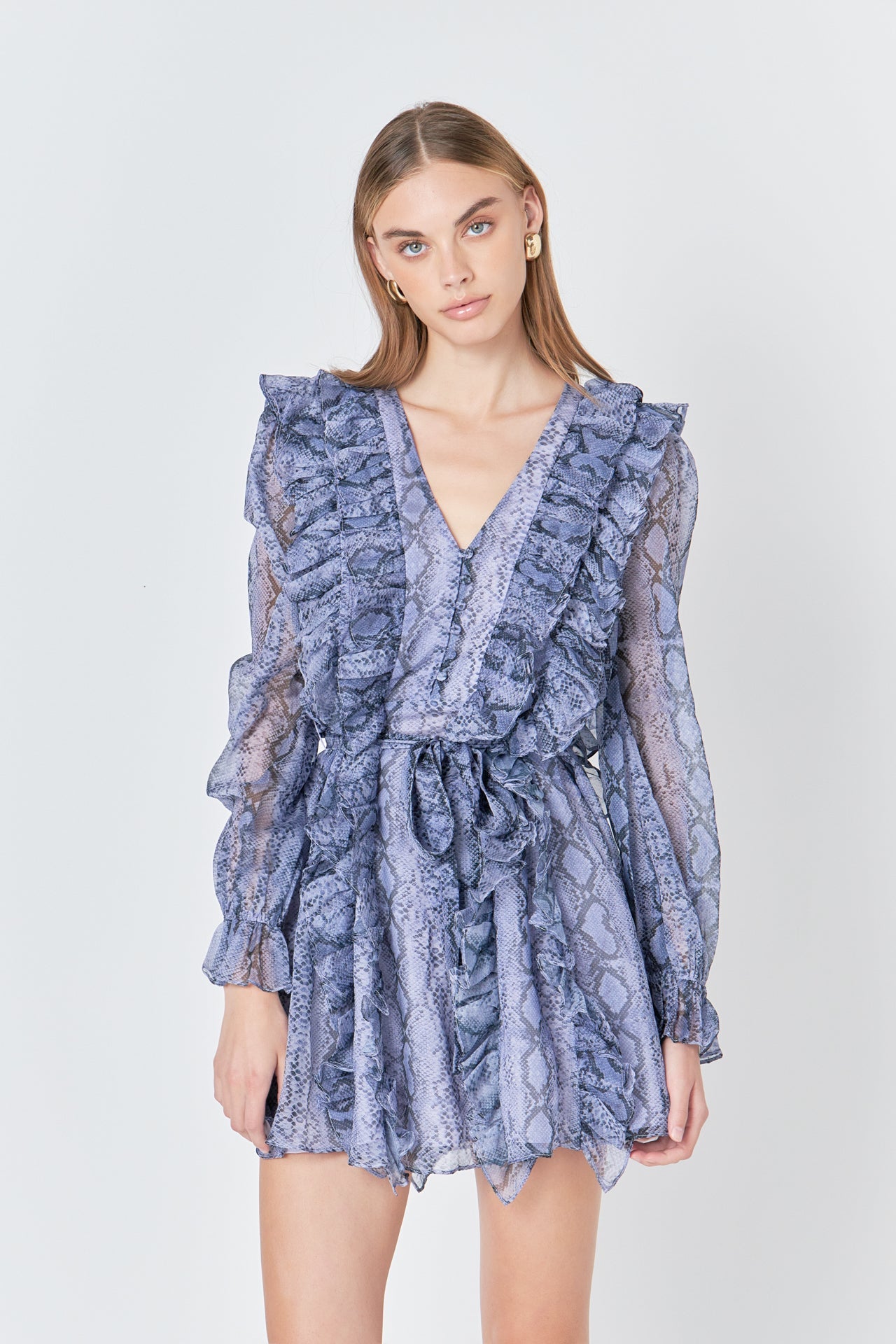 ENDLESS ROSE - Button Down Long Sleeve Ruffled Mini Dress - DRESSES available at Objectrare