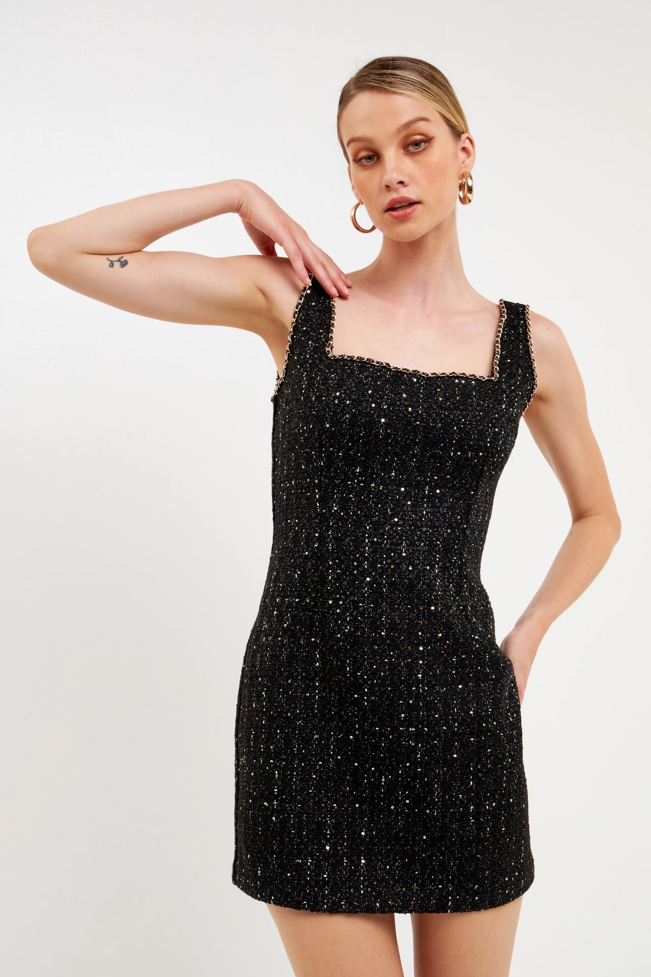 ENDLESS ROSE - Chain-Trimmed Tweed Mini Dress - DRESSES available at Objectrare