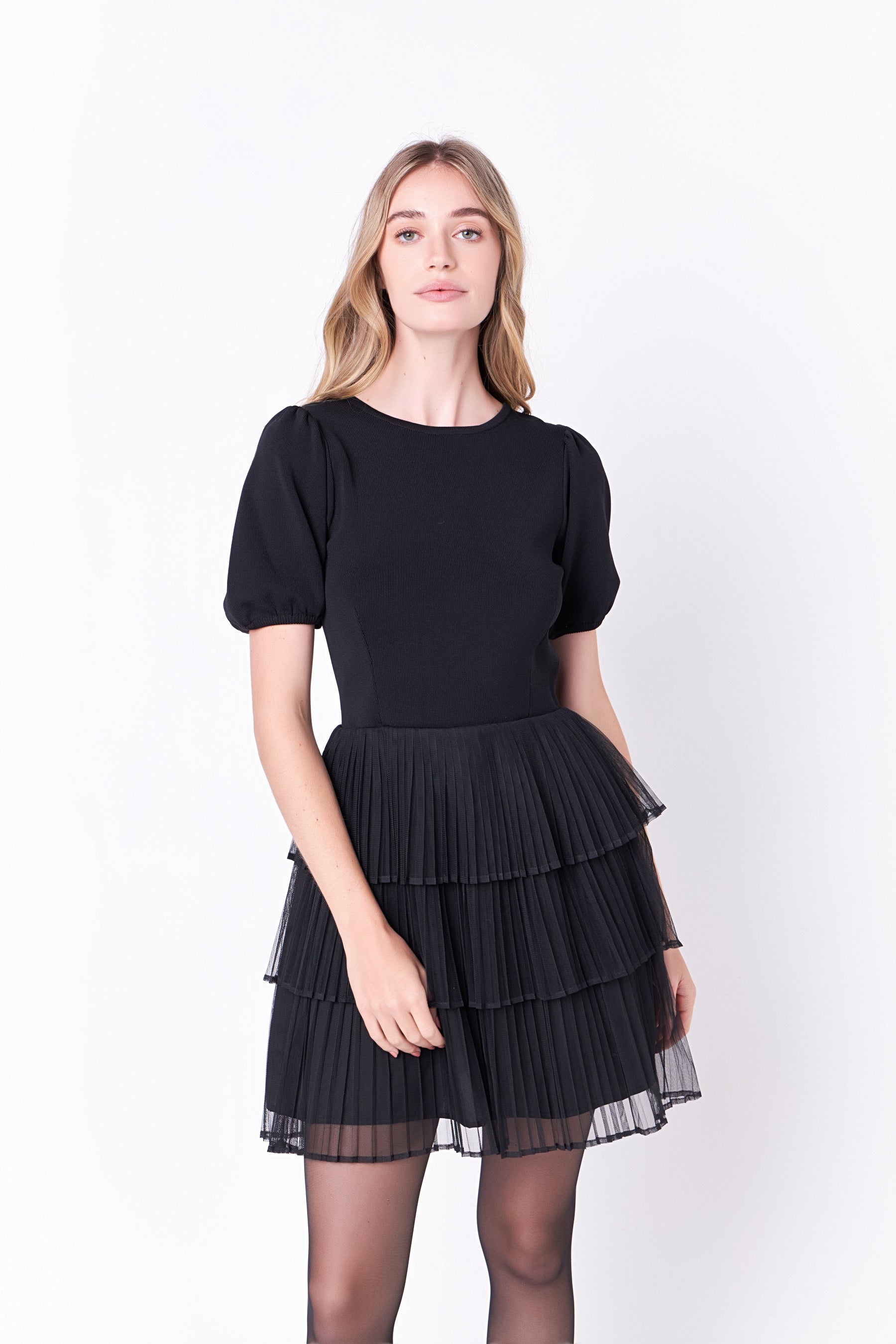 ENGLISH FACTORY - Puff Sleeve Mixed Media Mini Dress in Black - DRESSES available at Objectrare