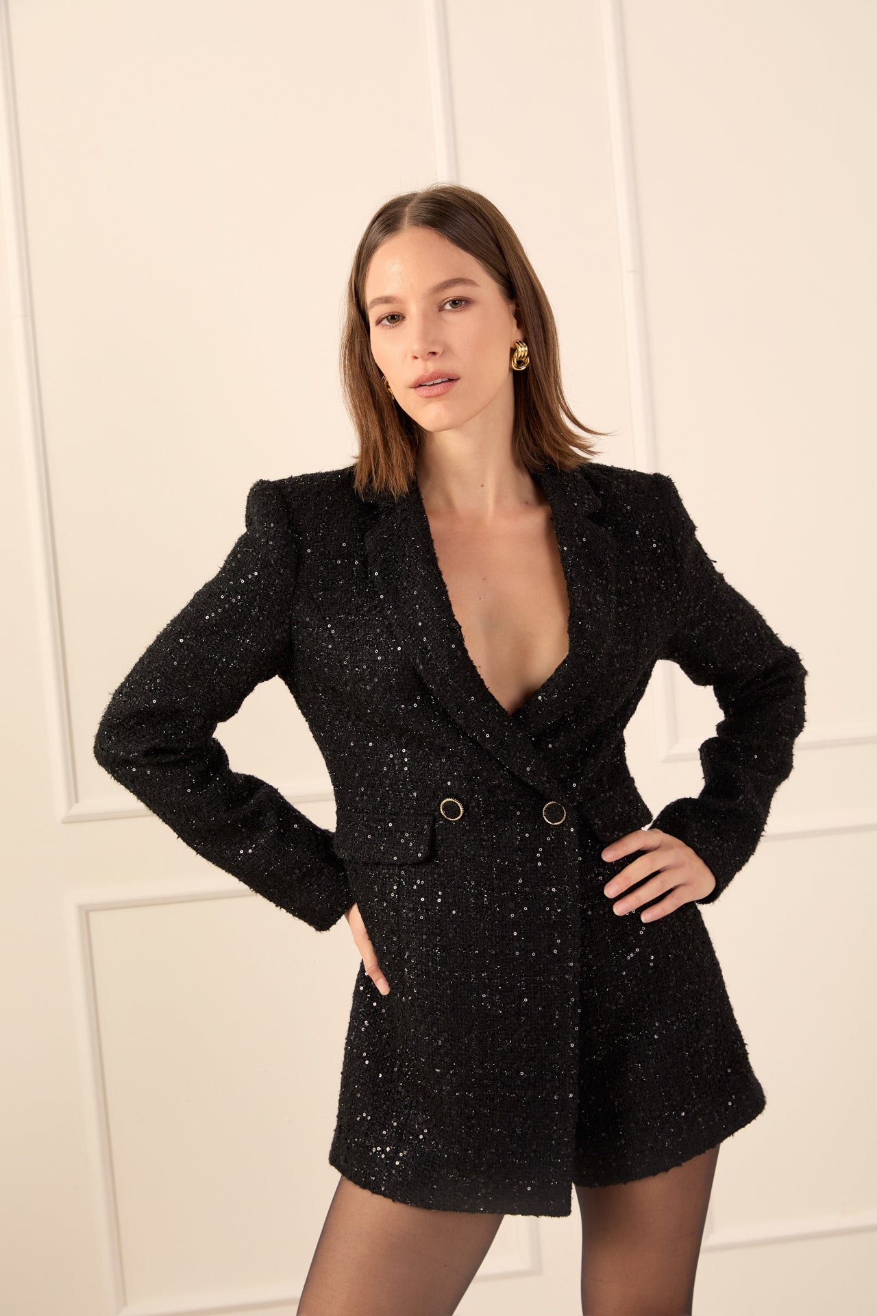 ENDLESS ROSE - Premium Sequin Tweed Blazer Romper - ROMPERS available at Objectrare