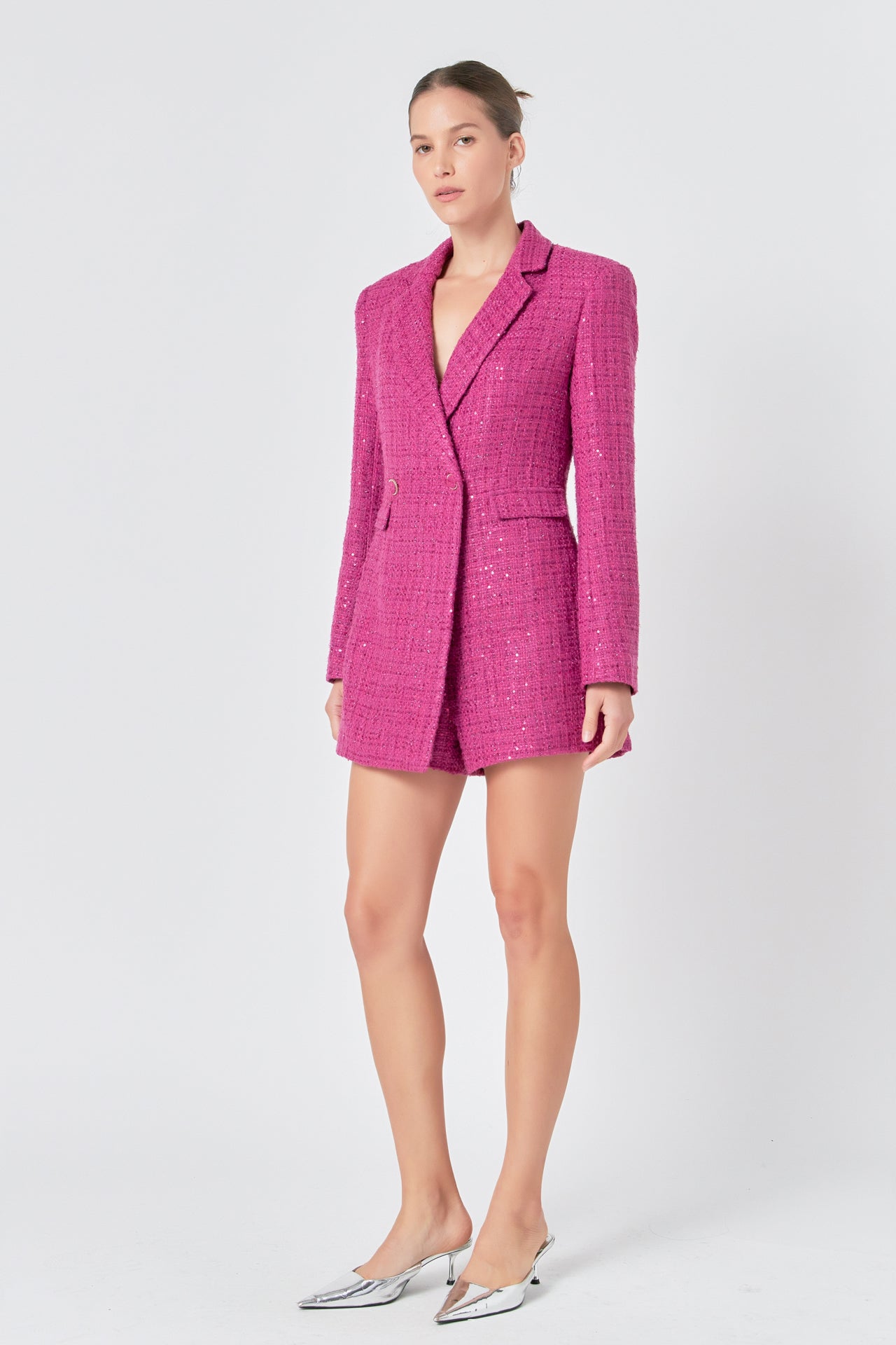 ENDLESS ROSE - Premium Sequin Tweed Blazer Romper - ROMPERS available at Objectrare