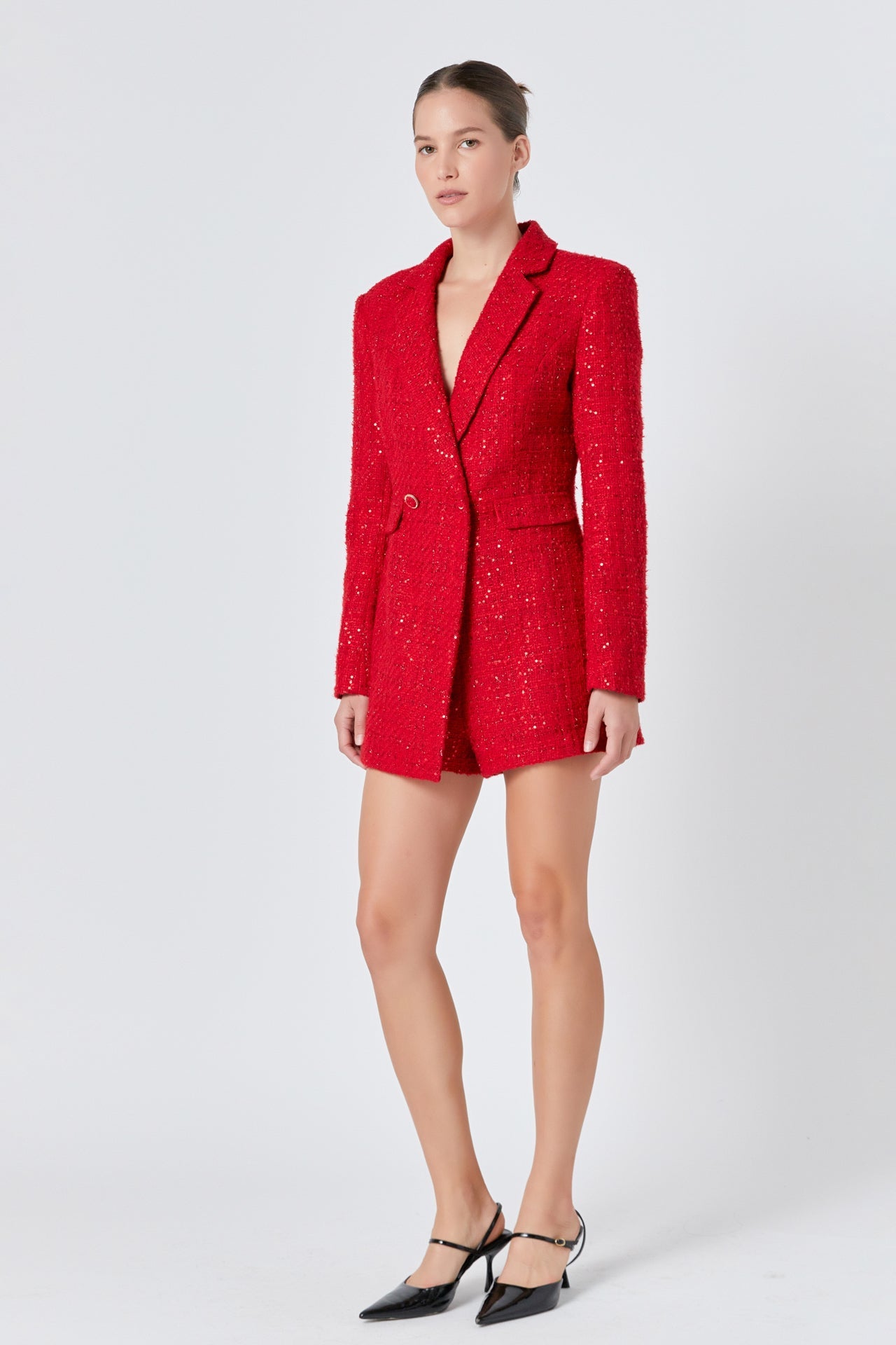 ENDLESS ROSE - Premium Sequin Tweed Blazer Romper - ROMPERS available at Objectrare