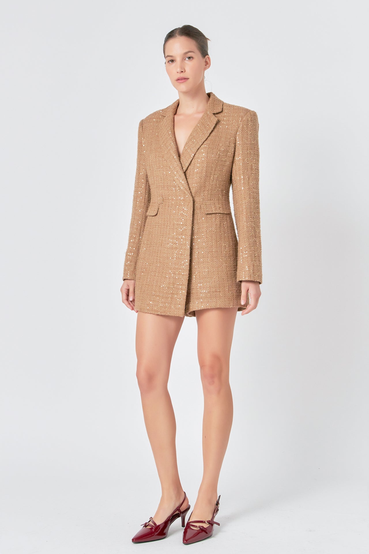 ENDLESS ROSE - Premium Sequin Tweed Blazer Romper - ROMPERS available at Objectrare