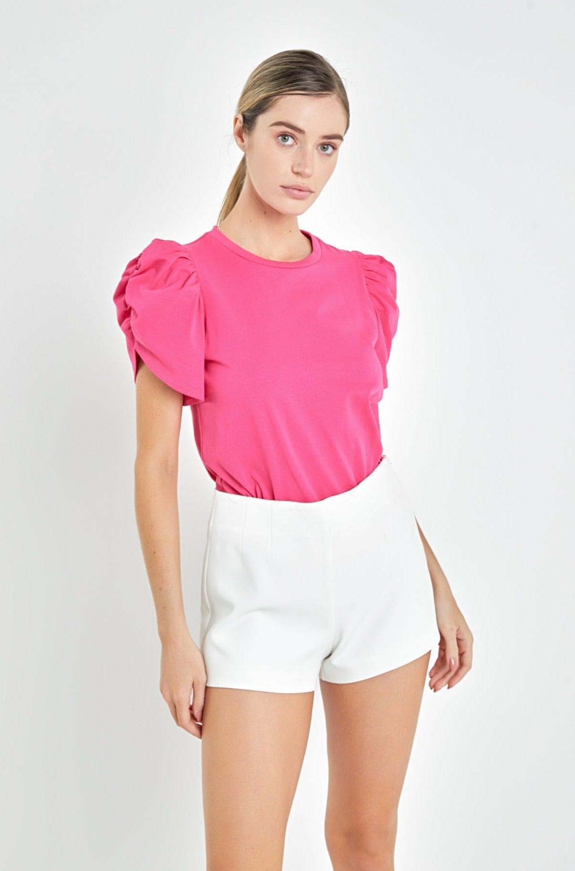 ENGLISH FACTORY - Ruched Sleeve T-Shirt - TOPS available at Objectrare