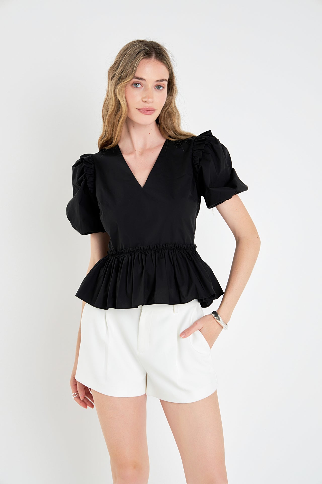 ENGLISH FACTORY - V-neckline Puff Sleeve Top - TOPS available at Objectrare