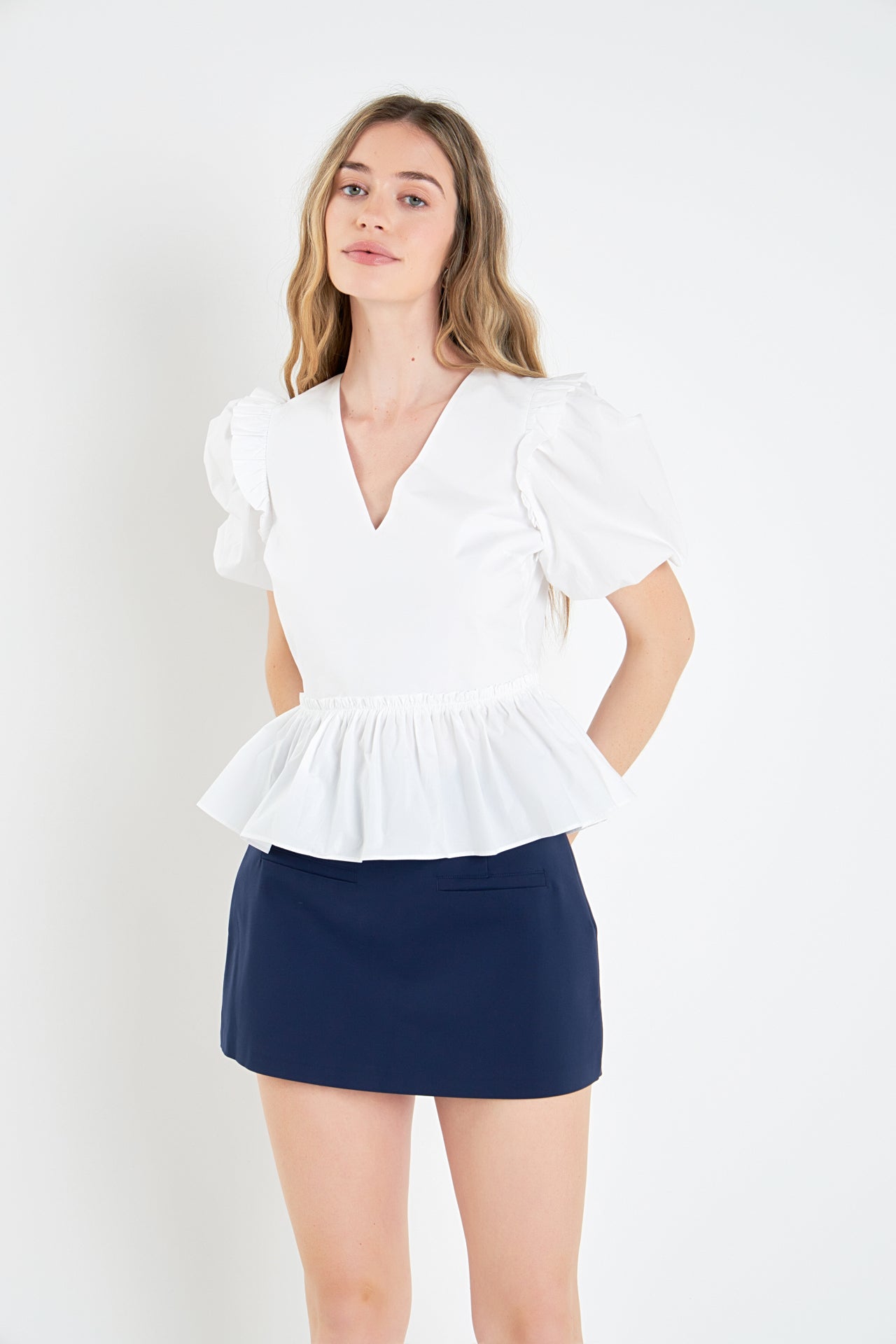 ENGLISH FACTORY - V-neckline Puff Sleeve Top - TOPS available at Objectrare