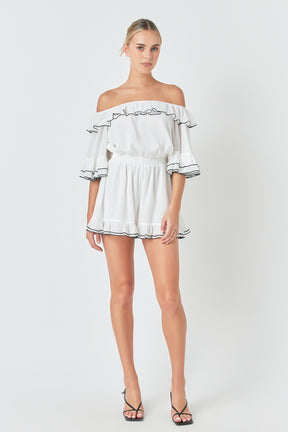 ENDLESS ROSE - Off-The-Shoulder Ruffled Romper - ROMPERS available at Objectrare