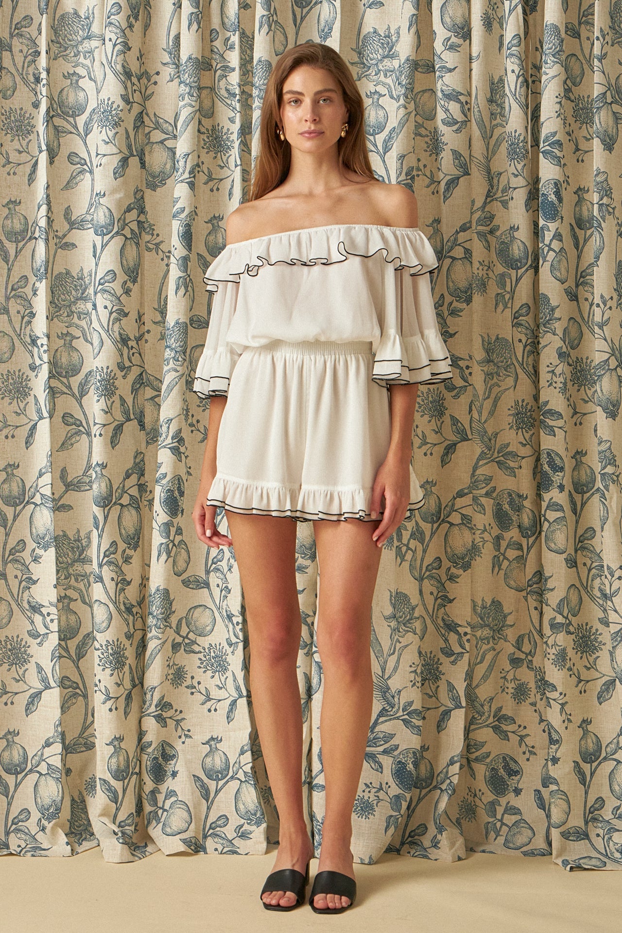 ENDLESS ROSE - Off The Shoulder Ruffled Romper Sheer Sleeves - ROMPERS available at Objectrare