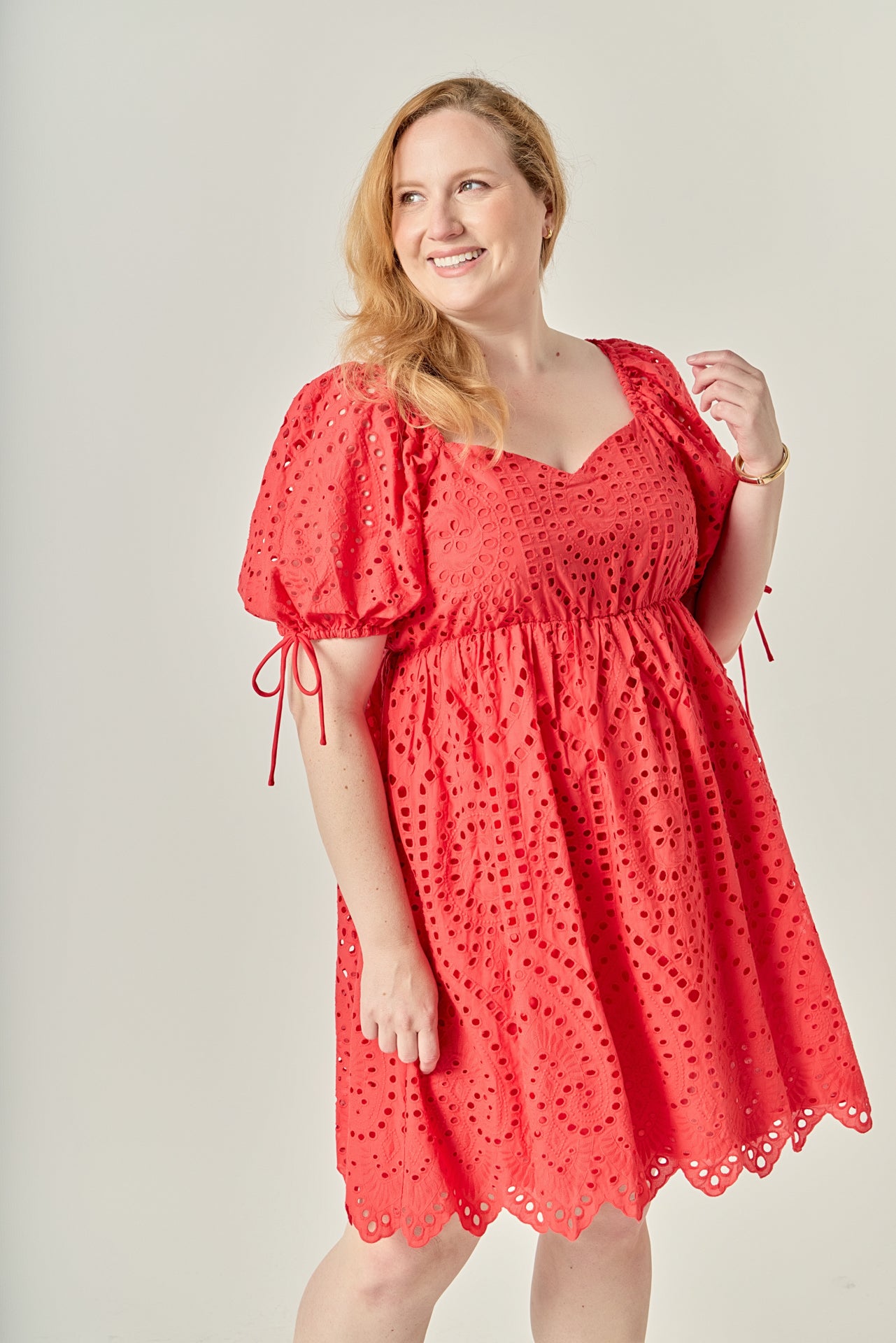 Plus Size Eyelet Scallop Edge Mini Dress Red / 2X