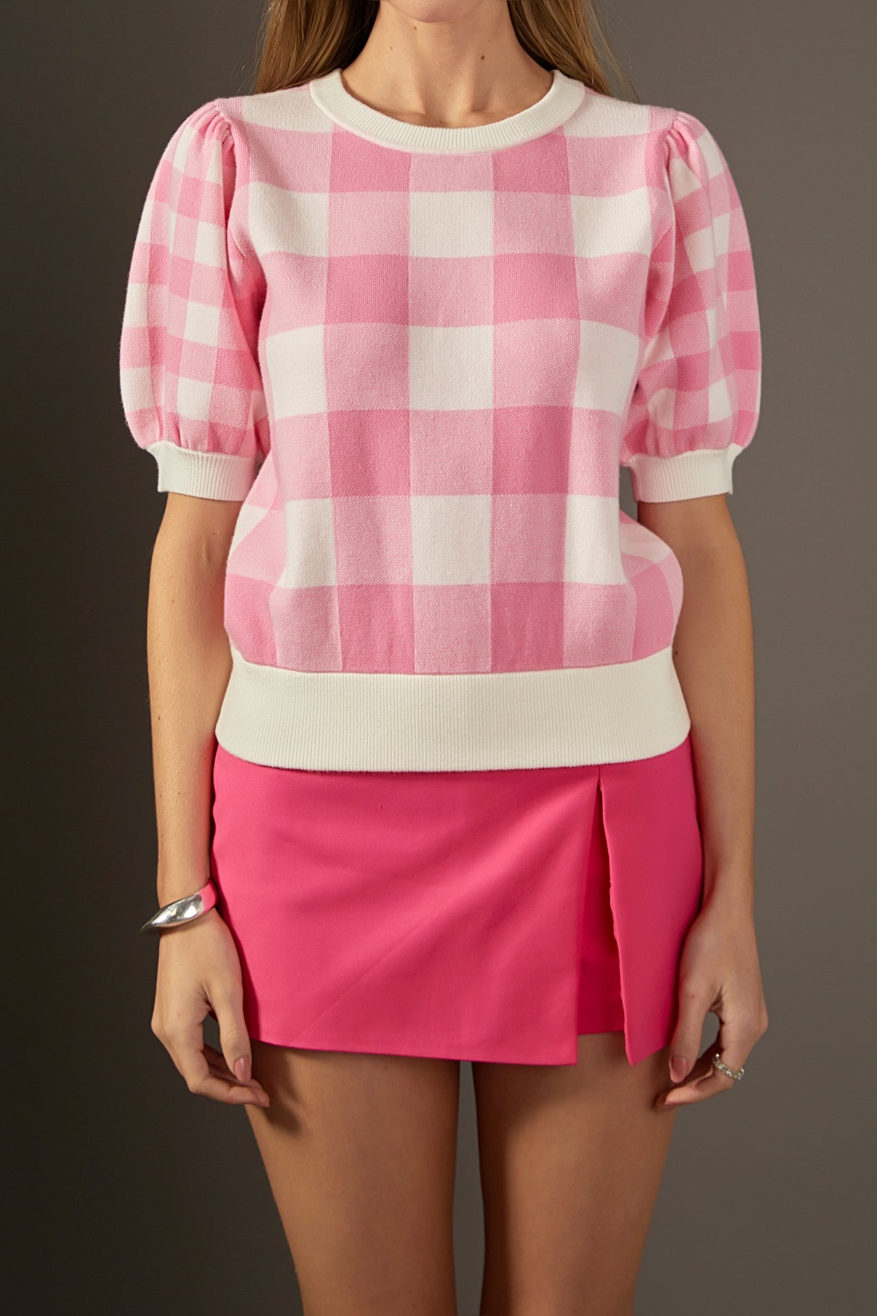 ENGLISH FACTORY - Gingham Puff Sleeve Knit Top - TOPS available at Objectrare