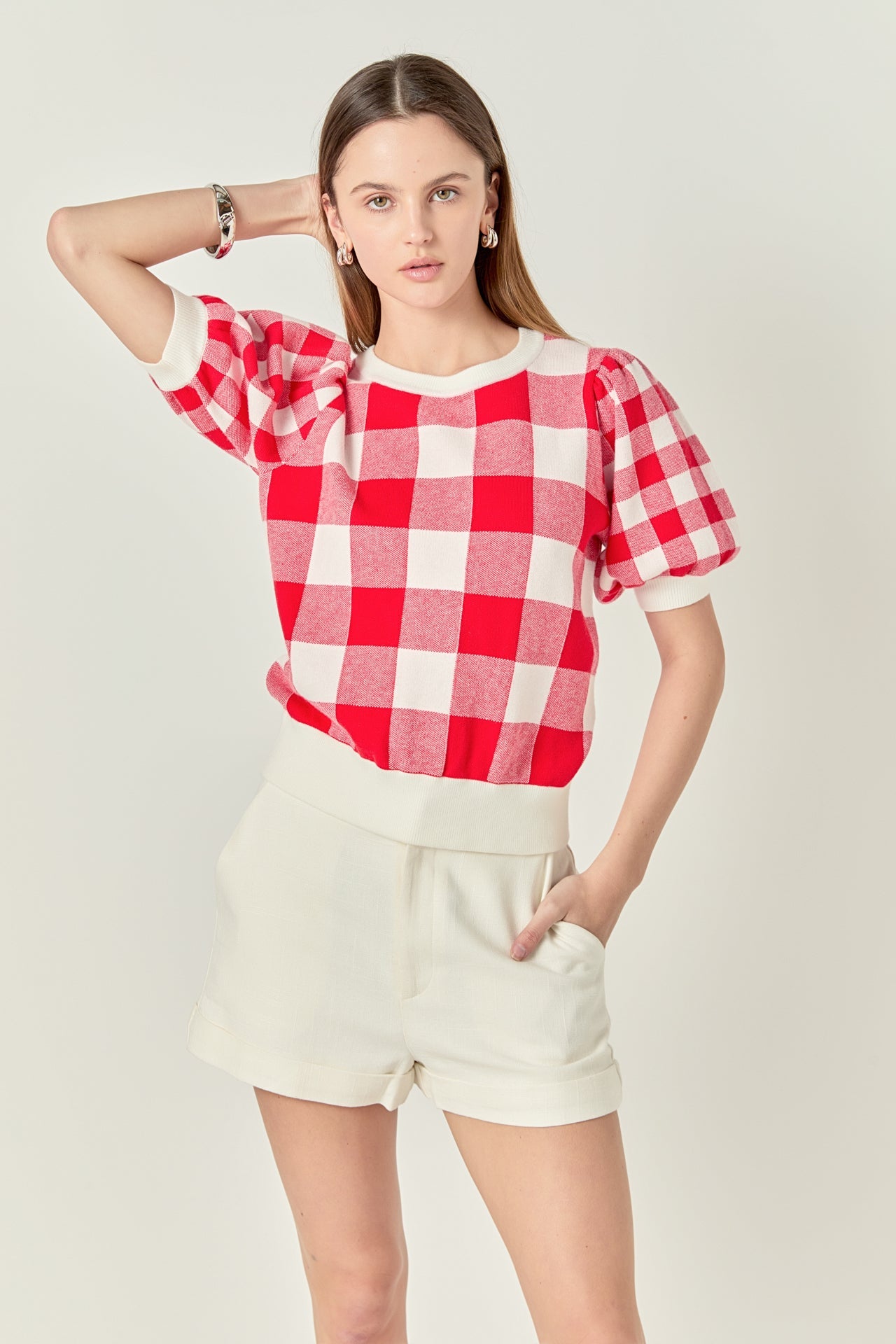 ENGLISH FACTORY - Gingham Puff Sleeve Knit Top - TOPS available at Objectrare