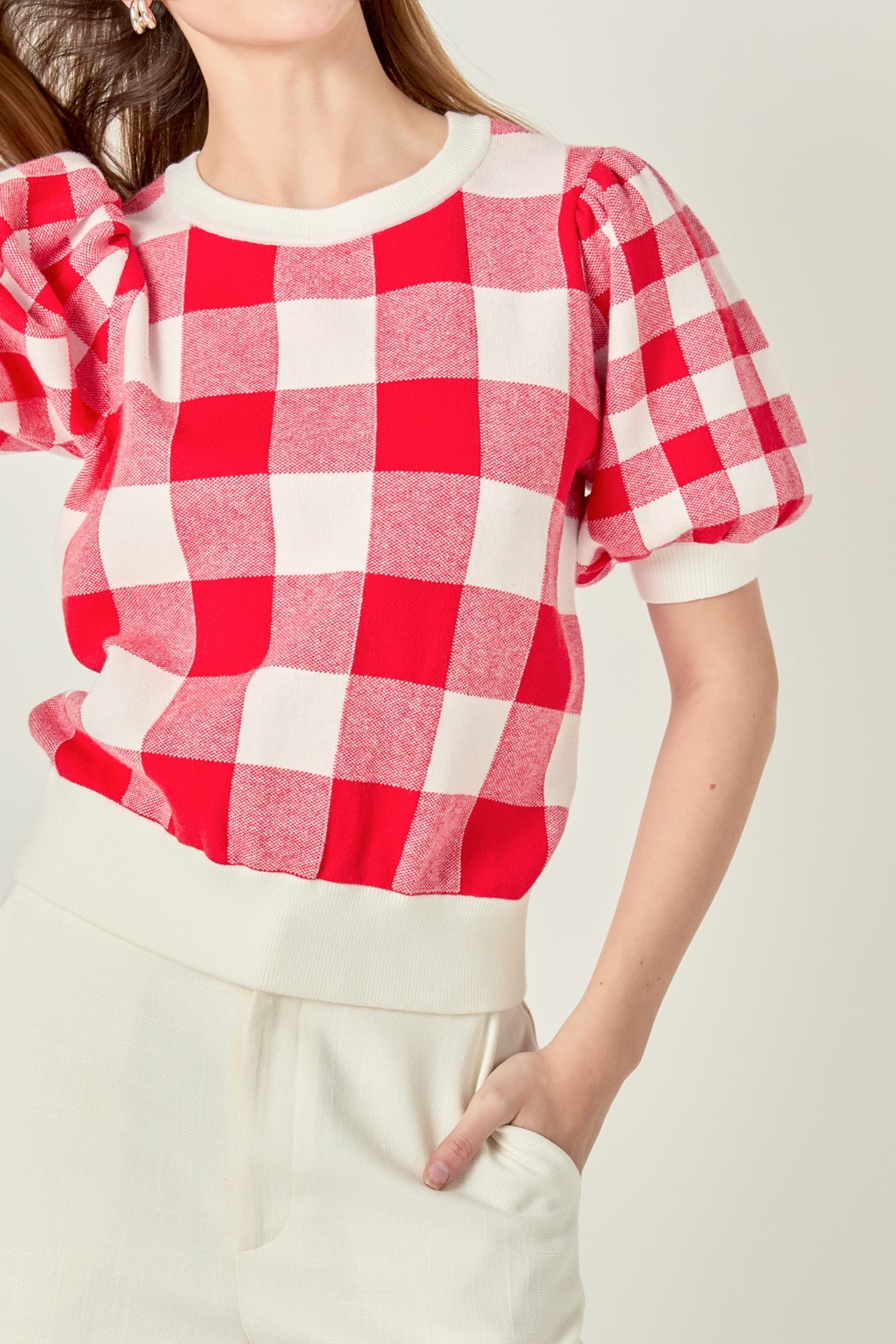 ENGLISH FACTORY - Gingham Puff Sleeve Knit Top - TOPS available at Objectrare