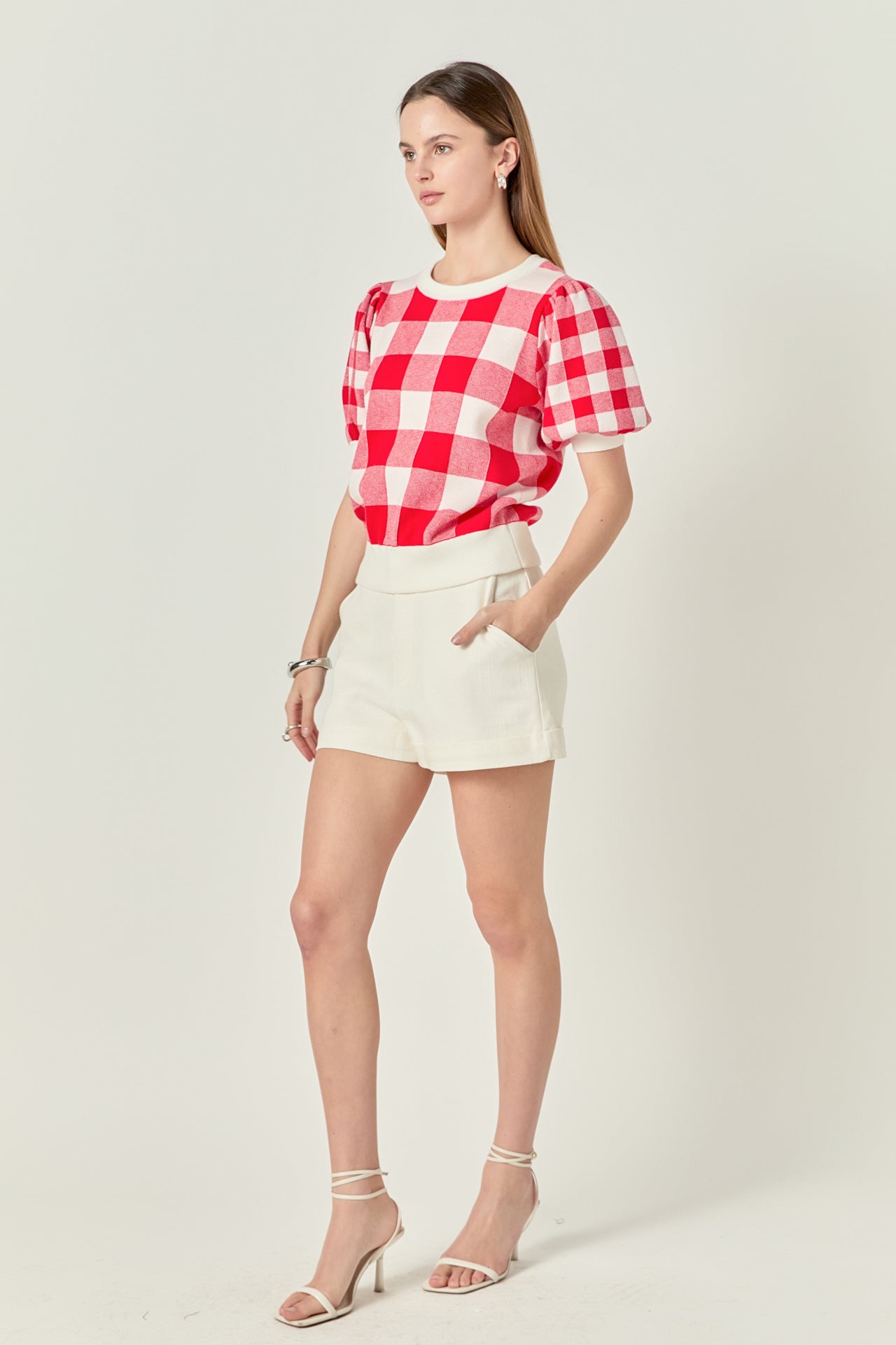 ENGLISH FACTORY - Gingham Puff Sleeve Knit Top - TOPS available at Objectrare