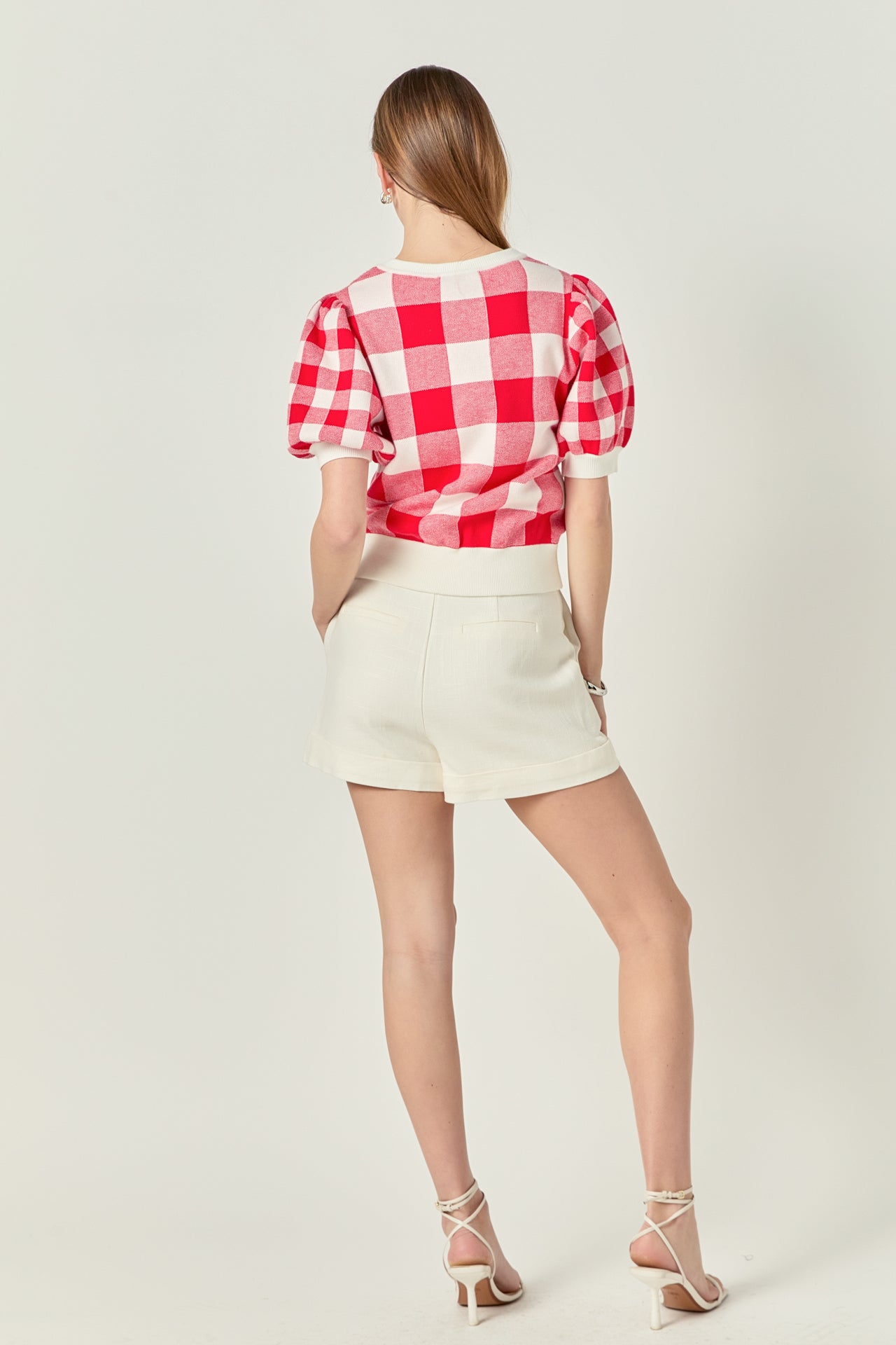 ENGLISH FACTORY - Gingham Puff Sleeve Knit Top - TOPS available at Objectrare