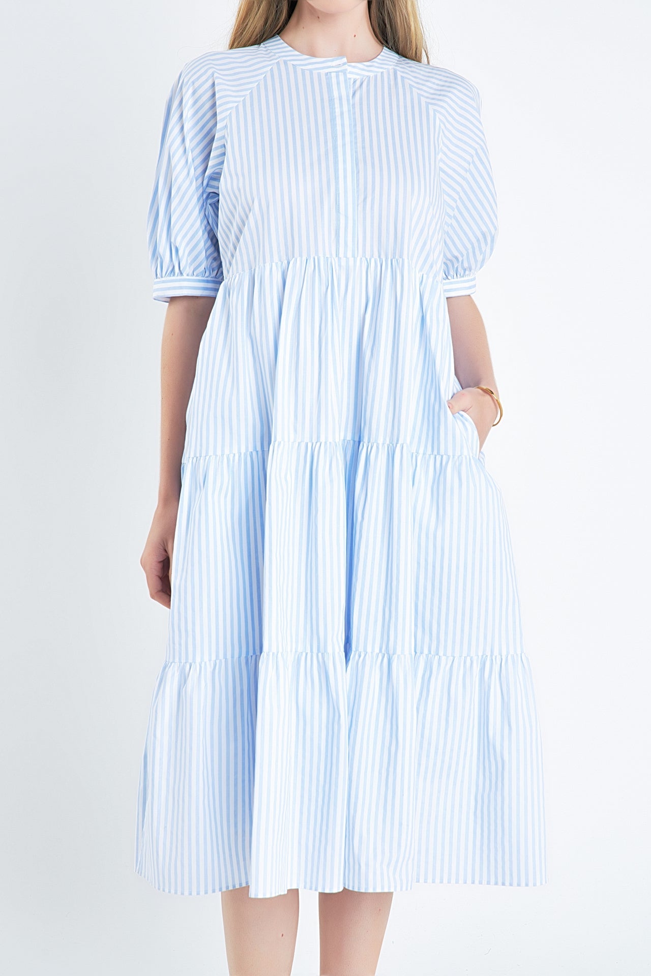 ENGLISH FACTORY - Striped Midi Dress in Blue - DRESSES available at Objectrare