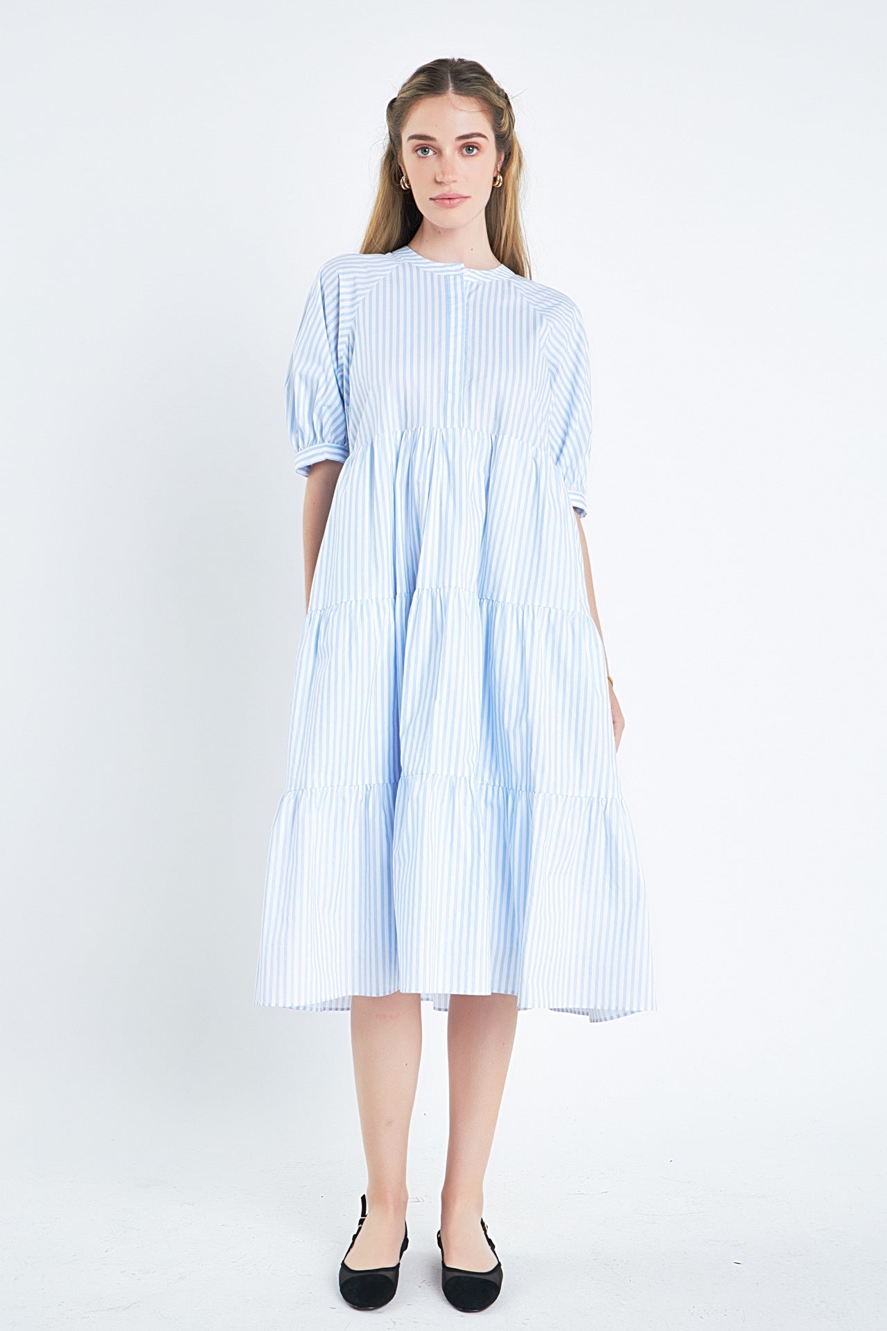 ENGLISH FACTORY - Striped Midi Dress in Blue - DRESSES available at Objectrare