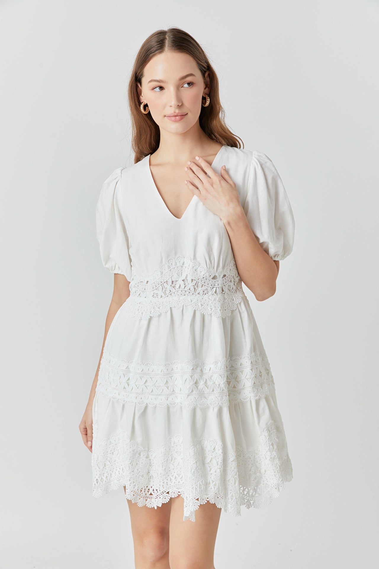 ENDLESS ROSE - Short Puff Sleeves Lace Trim Mini Dress - DRESSES available at Objectrare