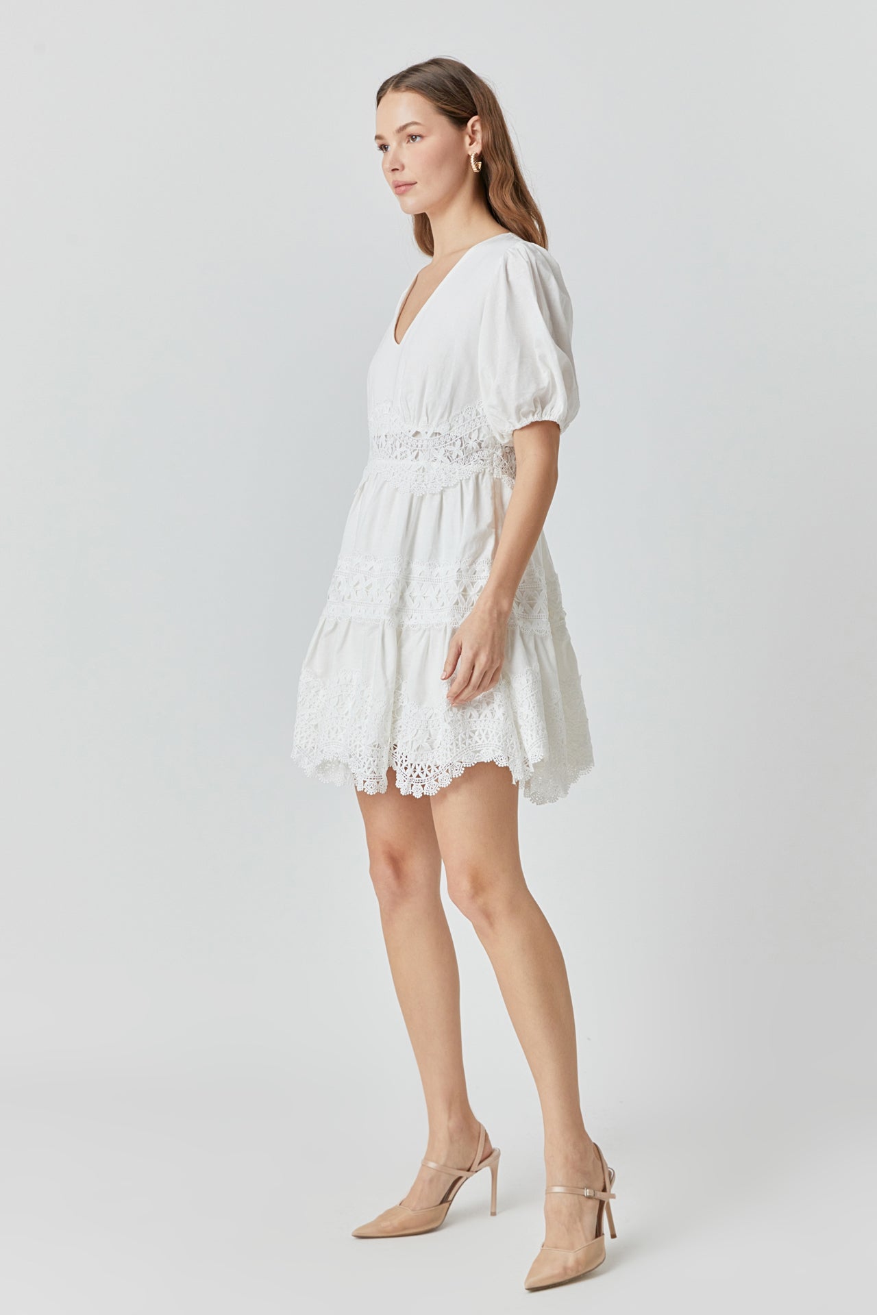 ENDLESS ROSE - Short Puff Sleeves Lace Trim Mini Dress - DRESSES available at Objectrare