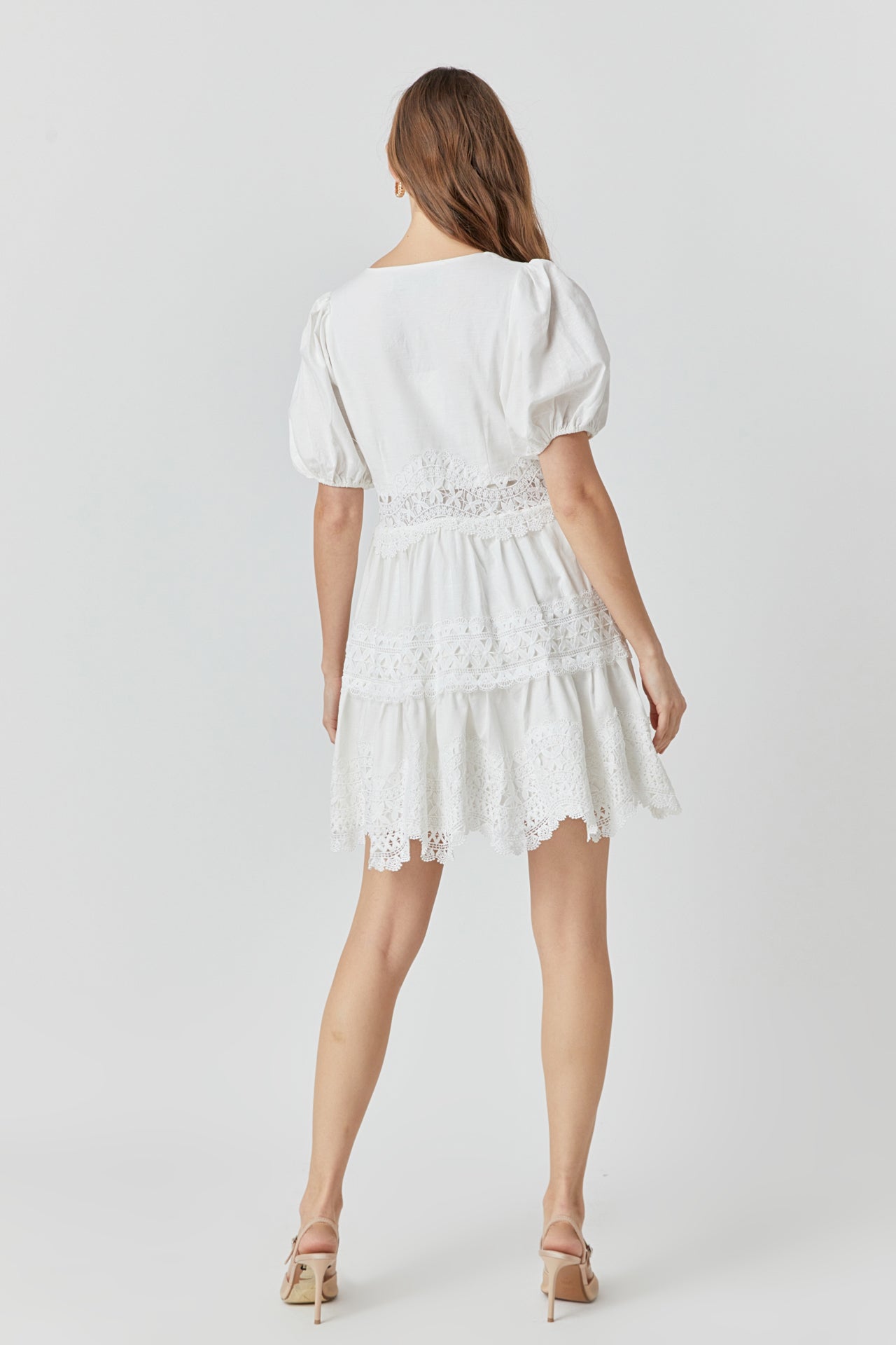 ENDLESS ROSE - Short Puff Sleeves Lace Trim Mini Dress - DRESSES available at Objectrare